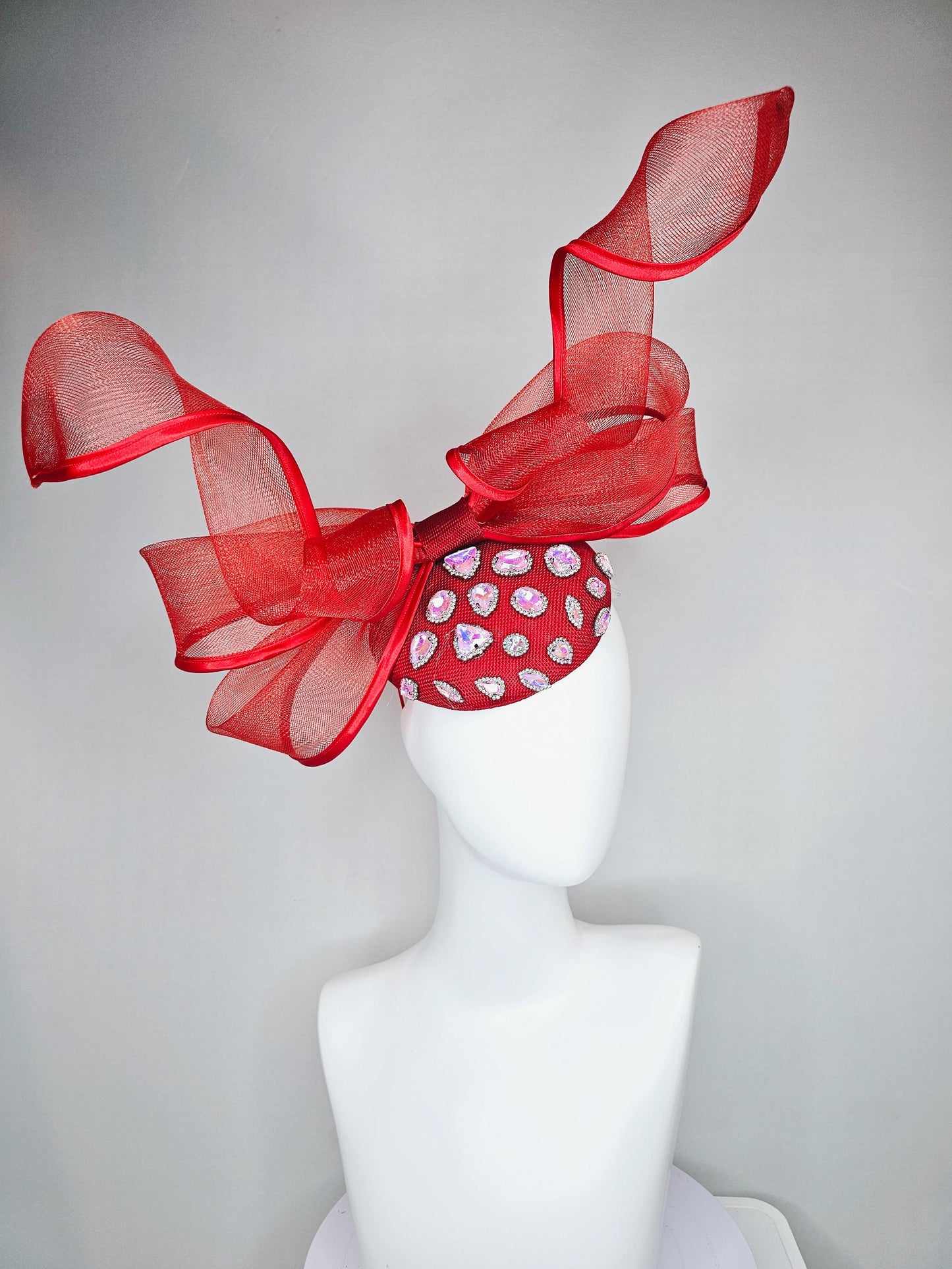 kentucky derby hat fascinator red sinamay with iridescent crystal jewels, scarlet red mesh and wired ribbon large bendable bow decor