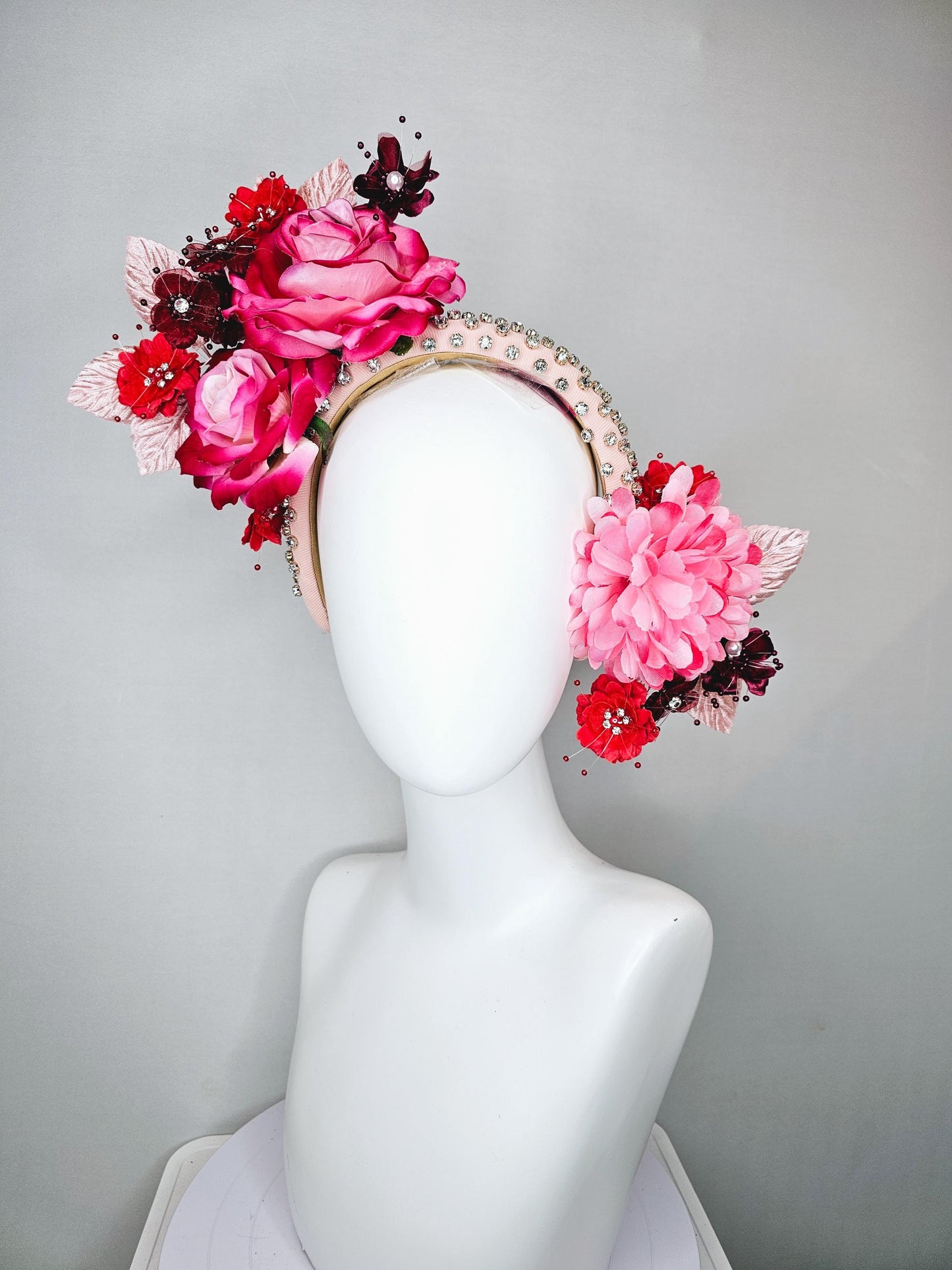 kentucky derby hat fascinator pink red wine burgundy flowers with light pink leaves on light pink beaded crystal rhinestone headband