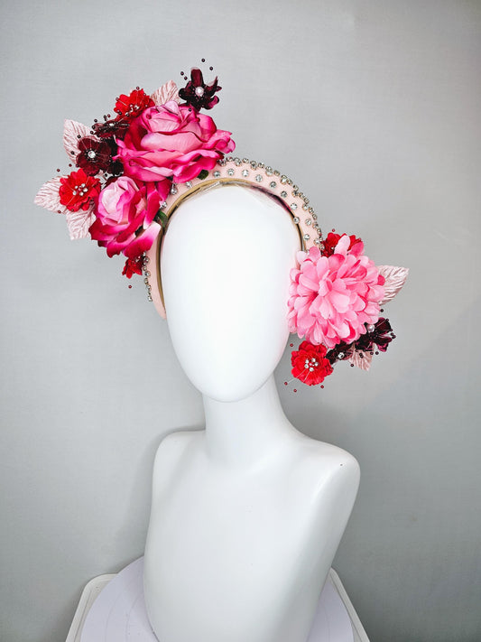 kentucky derby hat fascinator pink red wine burgundy flowers with light pink leaves on light pink beaded crystal rhinestone headband