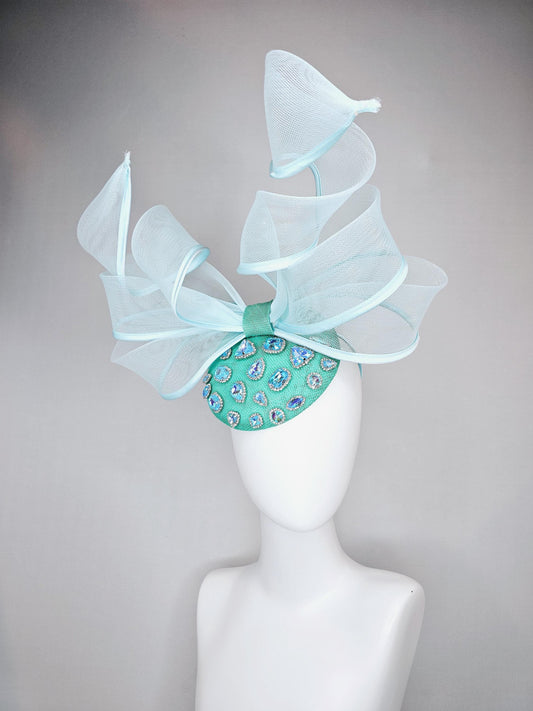 kentucky derby hat fascinator aqua blue green sinamay w/ iridescent blue crystal jewel,light blue mesh wired ribbon large bendable bow decor