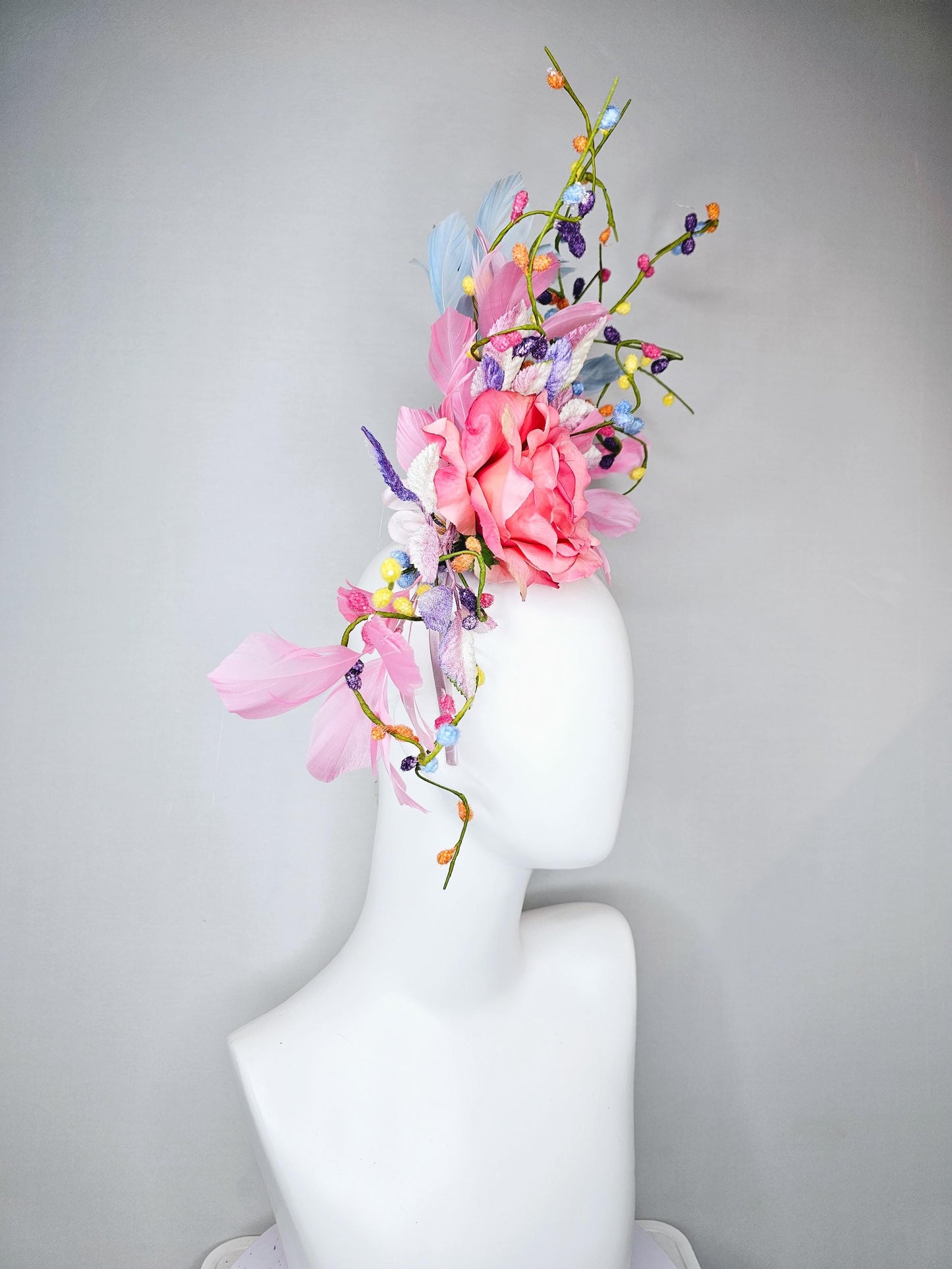 kentucky derby hat fascinator pink satin silk rose flower with leaves,light blue and light pink feathers,colorful rainbow stems