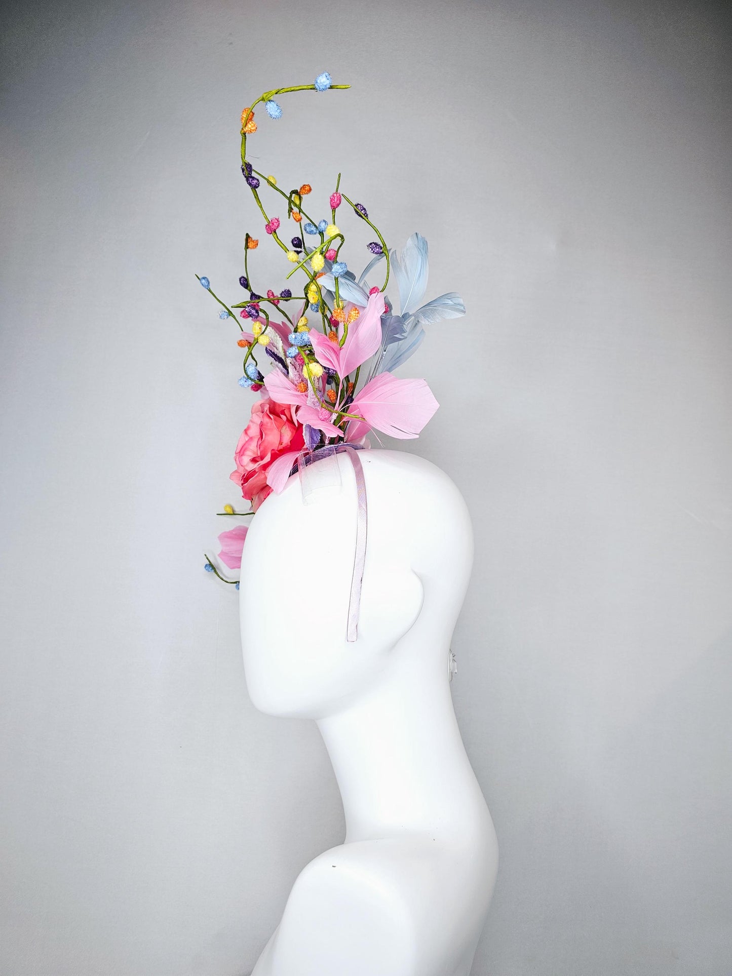 kentucky derby hat fascinator pink satin silk rose flower with leaves,light blue and light pink feathers,colorful rainbow stems