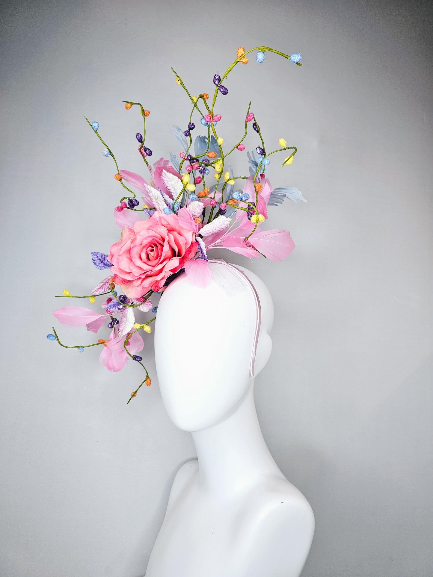 kentucky derby hat fascinator pink satin silk rose flower with leaves,light blue and light pink feathers,colorful rainbow stems