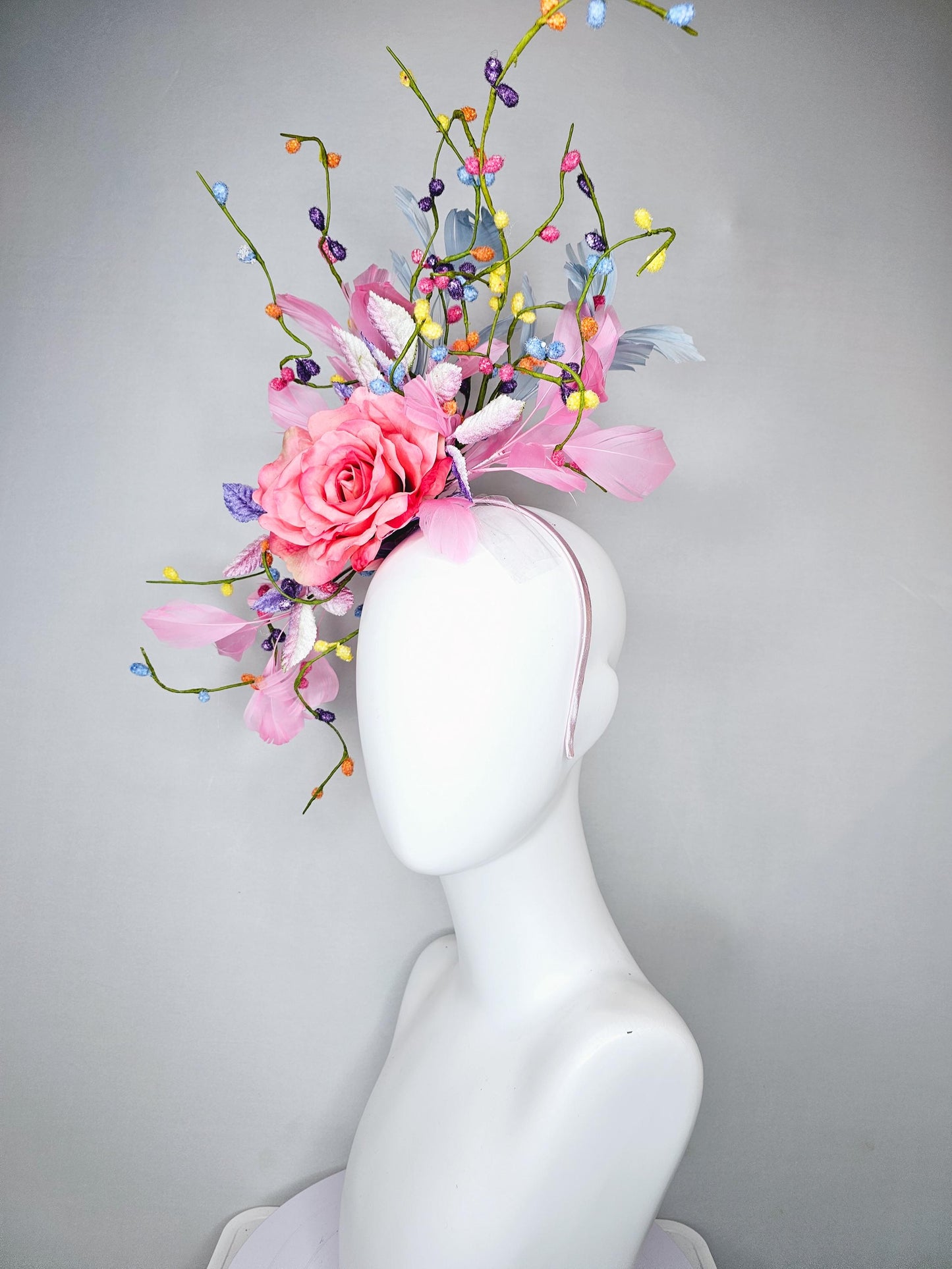 kentucky derby hat fascinator pink satin silk rose flower with leaves,light blue and light pink feathers,colorful rainbow stems