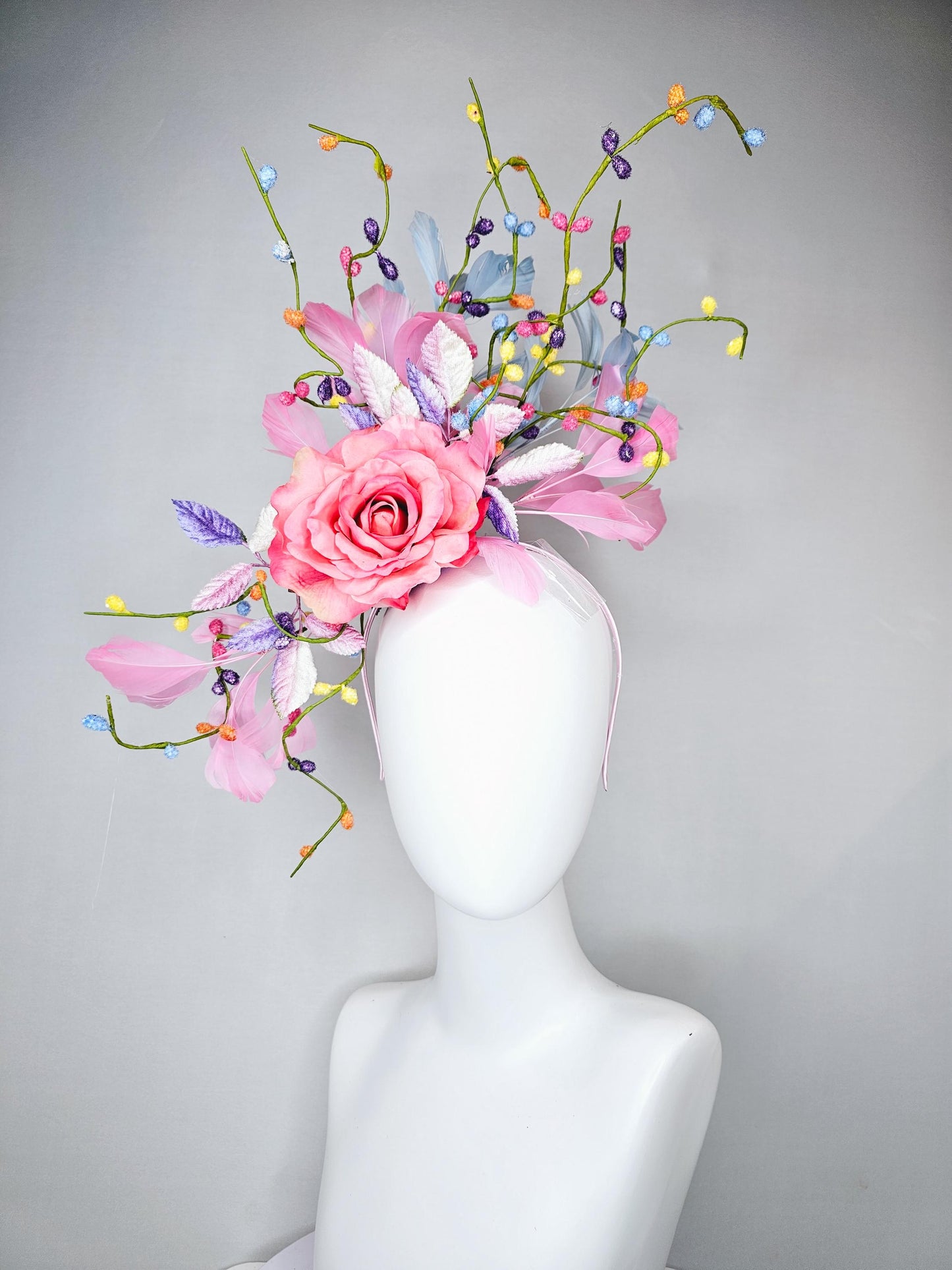 kentucky derby hat fascinator pink satin silk rose flower with leaves,light blue and light pink feathers,colorful rainbow stems