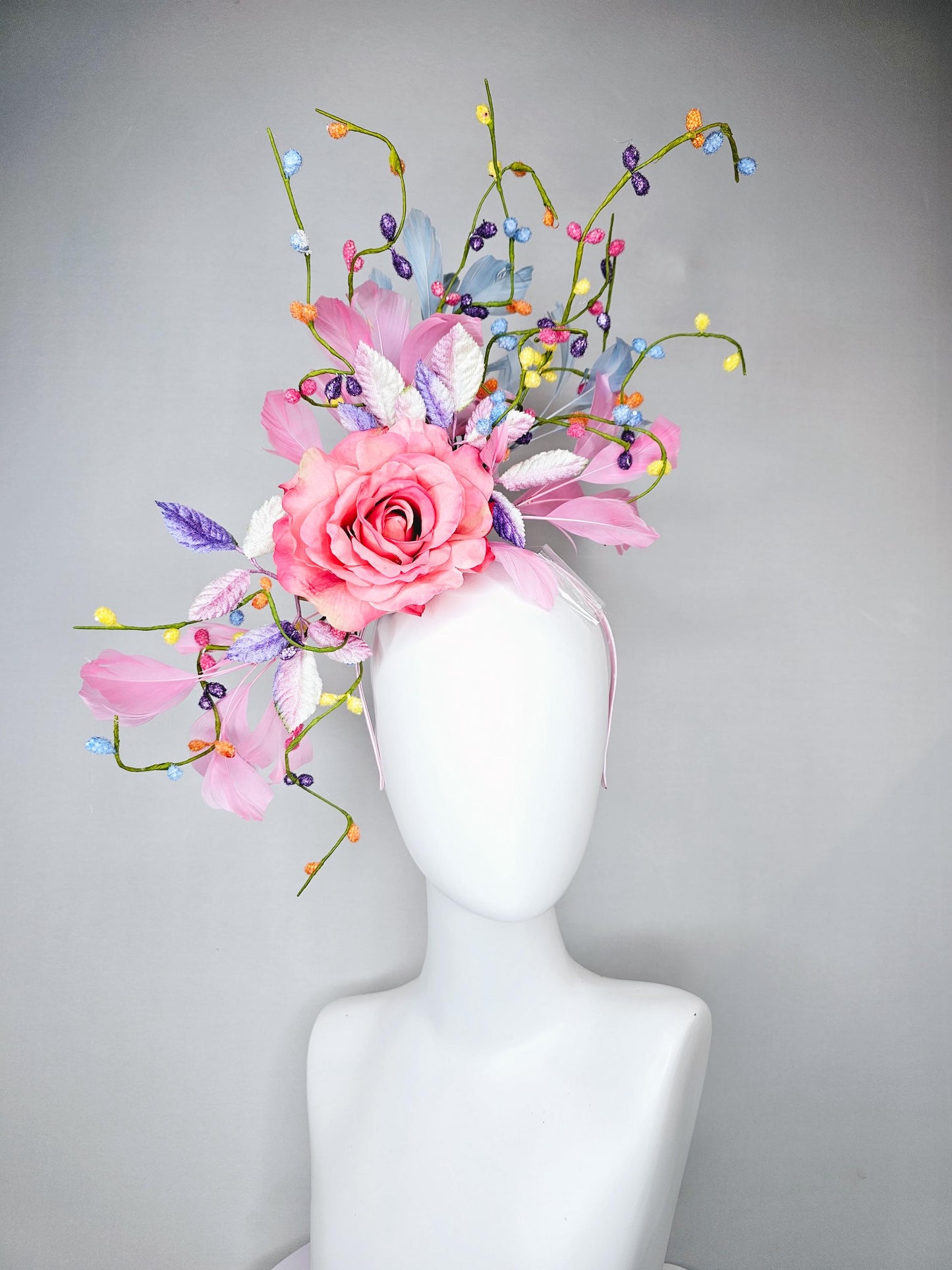 kentucky derby hat fascinator pink satin silk rose flower with leaves,light blue and light pink feathers,colorful rainbow stems