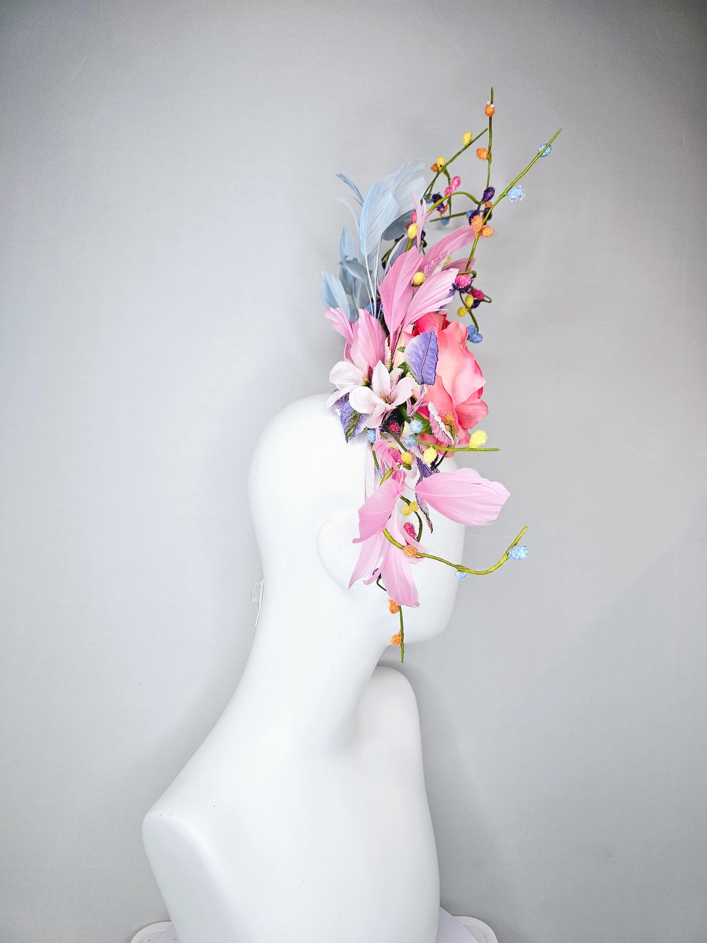 kentucky derby hat fascinator pink satin silk rose flower with leaves,light blue and light pink feathers,colorful rainbow stems