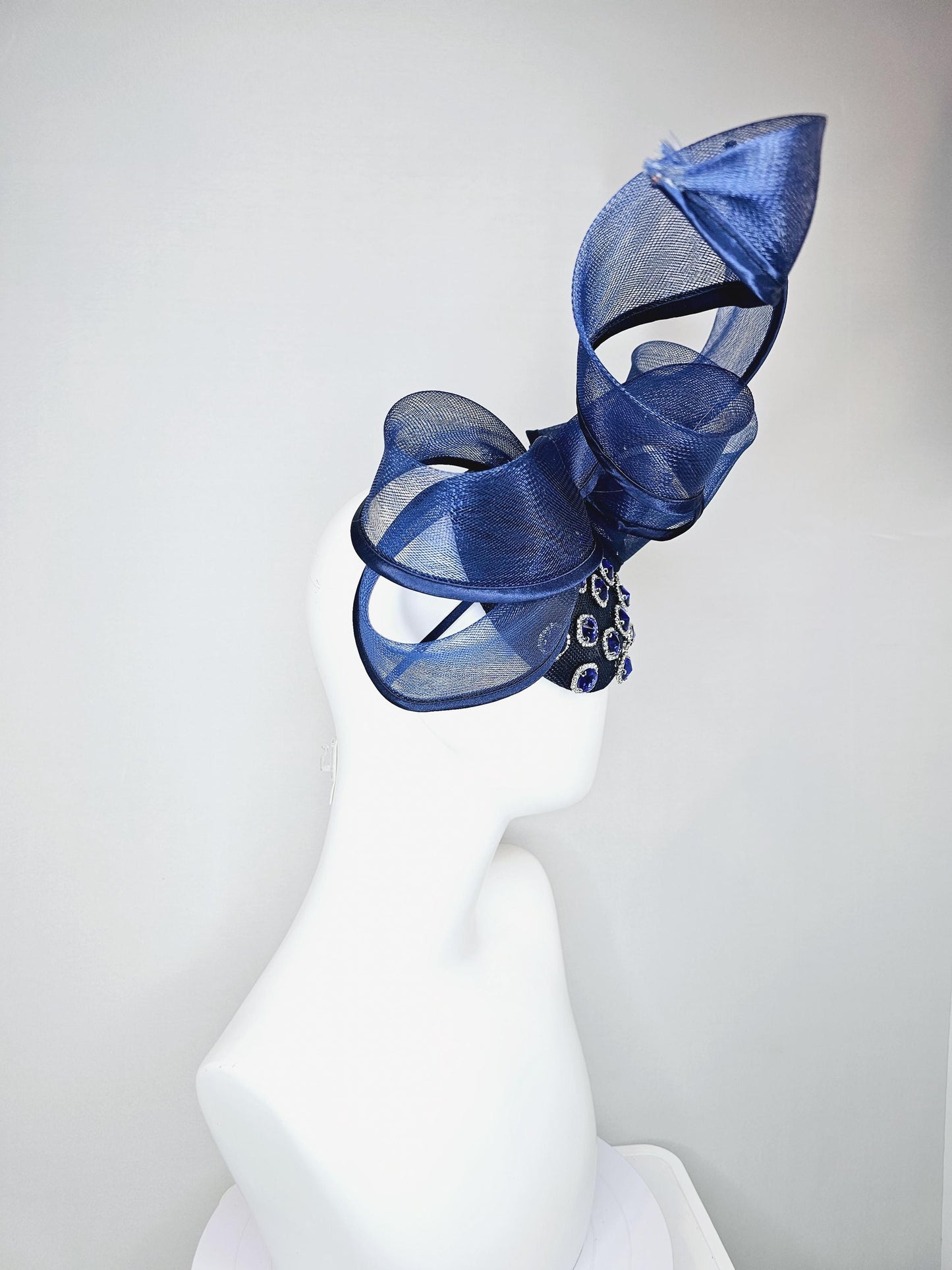 kentucky derby hat fascinator navy blue sinamay with navy blue crystal jewels, mesh and wired ribbon large bendable navy blue bow decor