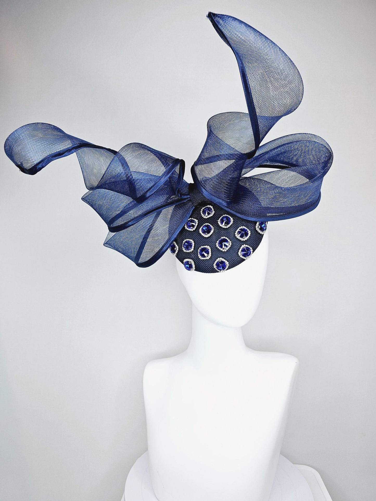 kentucky derby hat fascinator navy blue sinamay with navy blue crystal jewels, mesh and wired ribbon large bendable navy blue bow decor