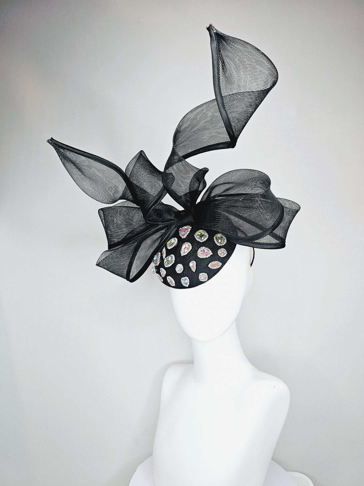 kentucky derby hat fascinator black sinamay with iridescent crystal jewels, black mesh and wired ribbon large bendable bow decor