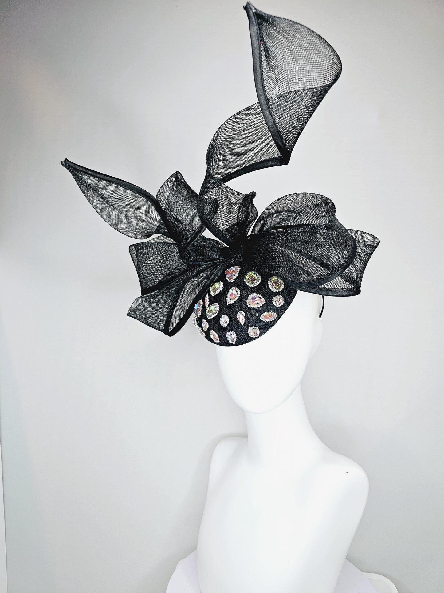 kentucky derby hat fascinator black sinamay with iridescent crystal jewels, black mesh and wired ribbon large bendable bow decor