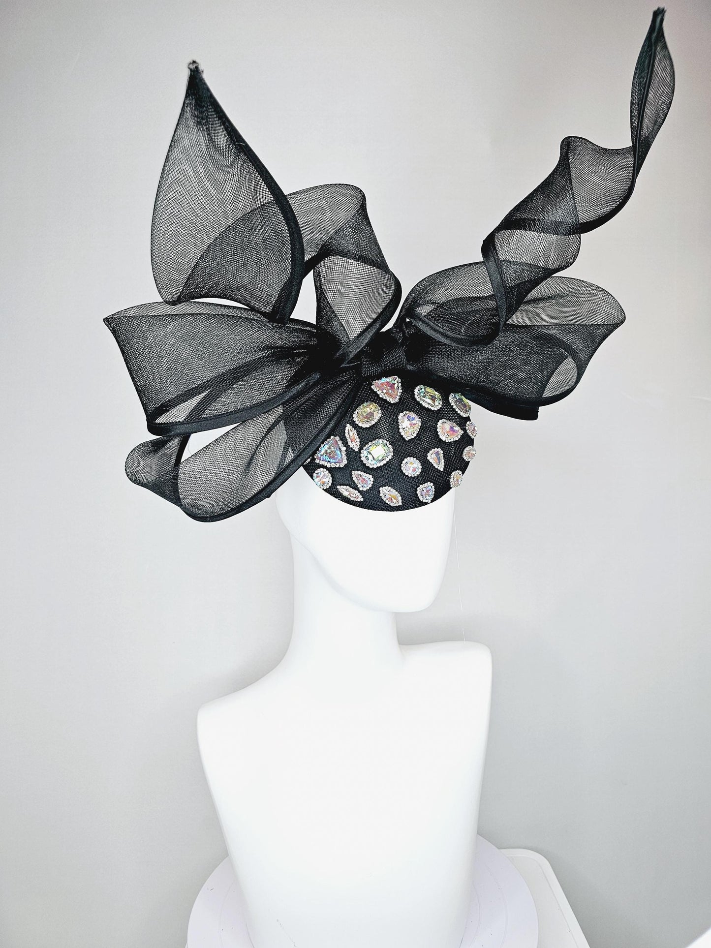 kentucky derby hat fascinator black sinamay with iridescent crystal jewels, black mesh and wired ribbon large bendable bow decor