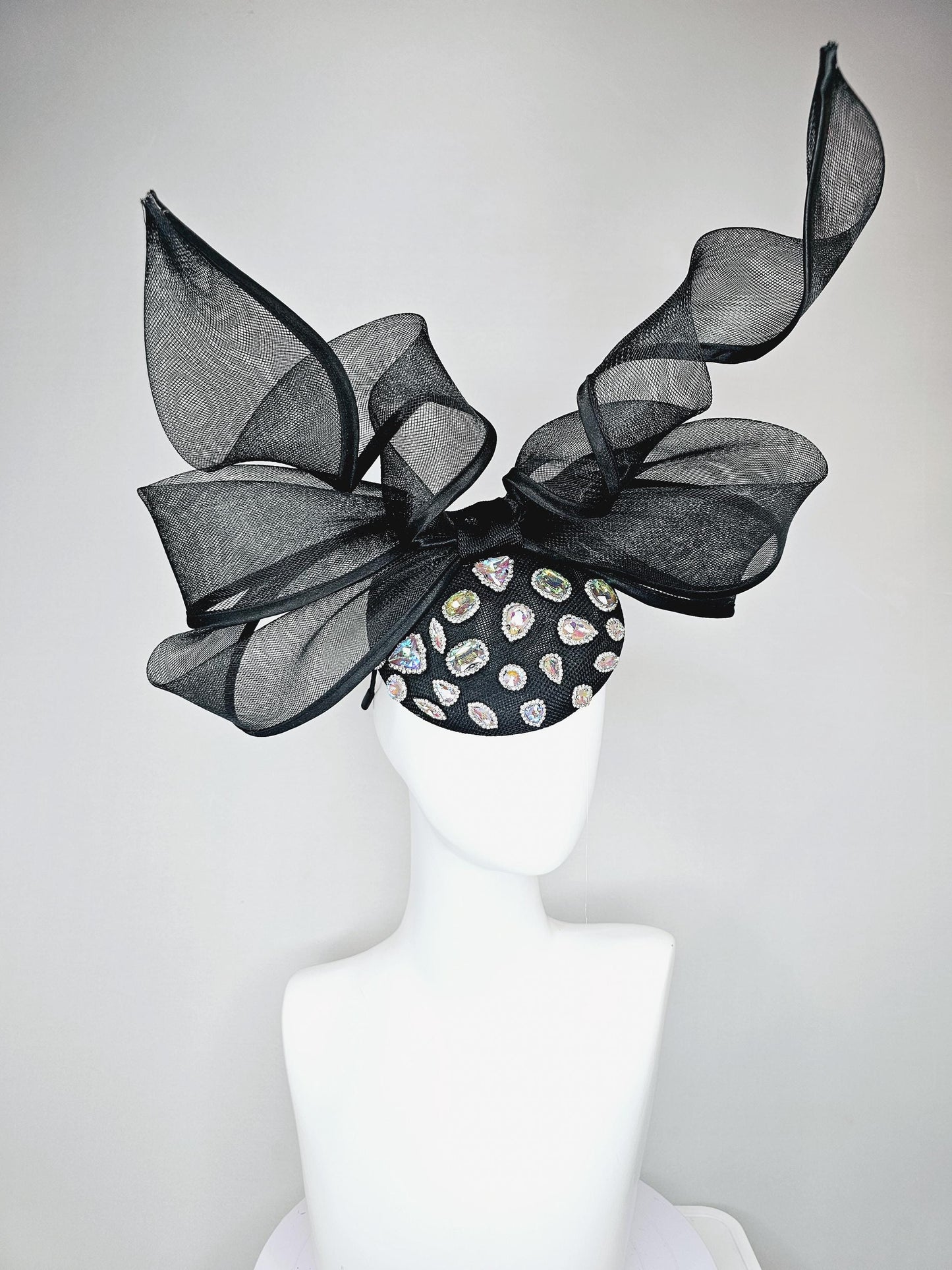 kentucky derby hat fascinator black sinamay with iridescent crystal jewels, black mesh and wired ribbon large bendable bow decor