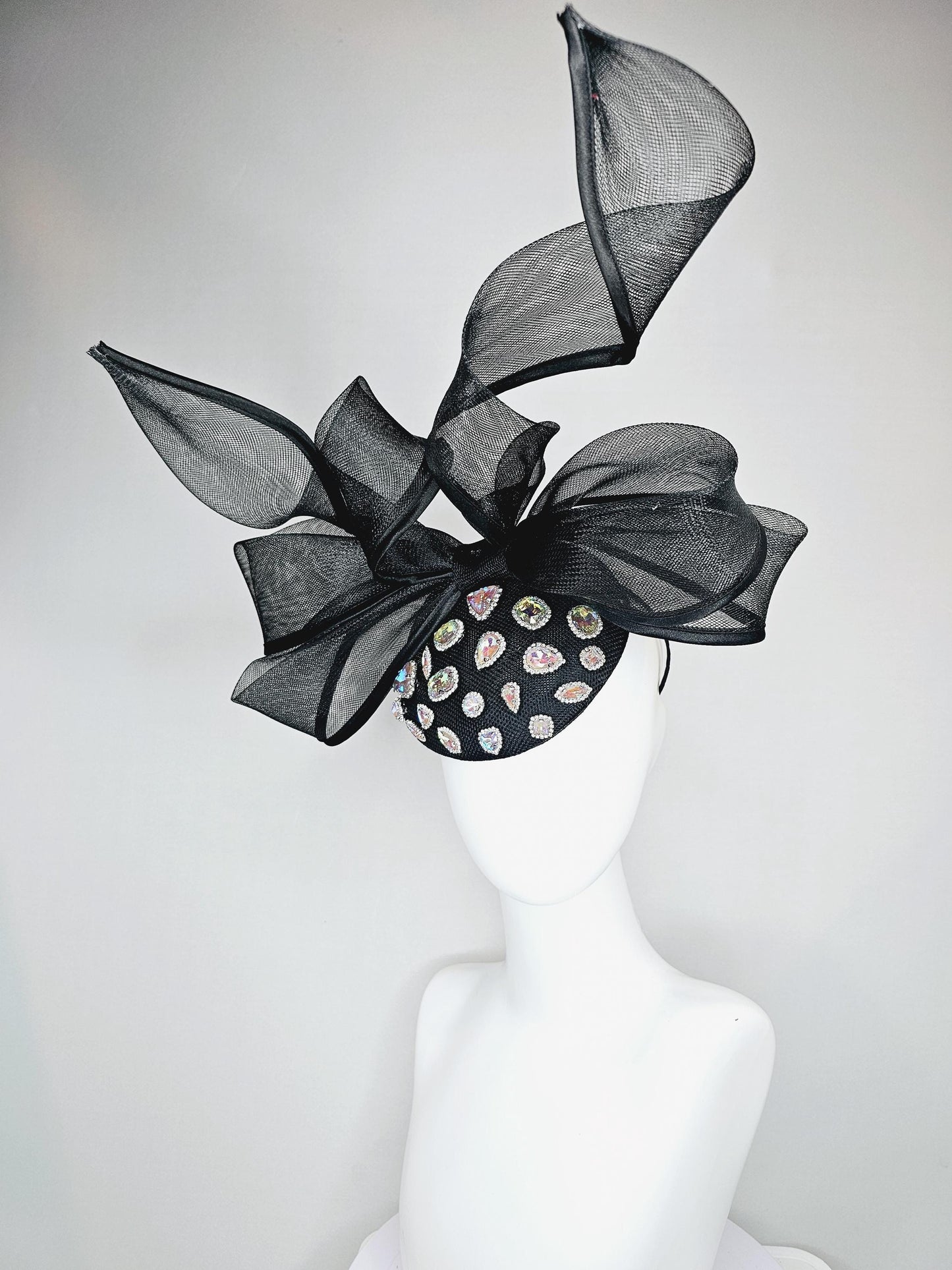 kentucky derby hat fascinator black sinamay with iridescent crystal jewels, black mesh and wired ribbon large bendable bow decor