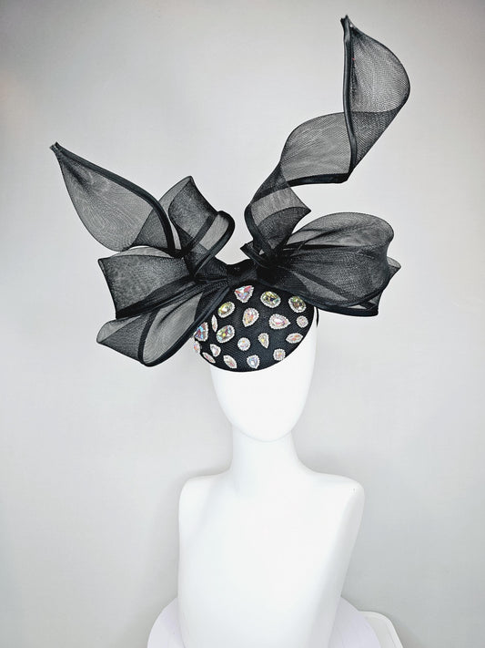 kentucky derby hat fascinator black sinamay with iridescent crystal jewels, black mesh and wired ribbon large bendable bow decor