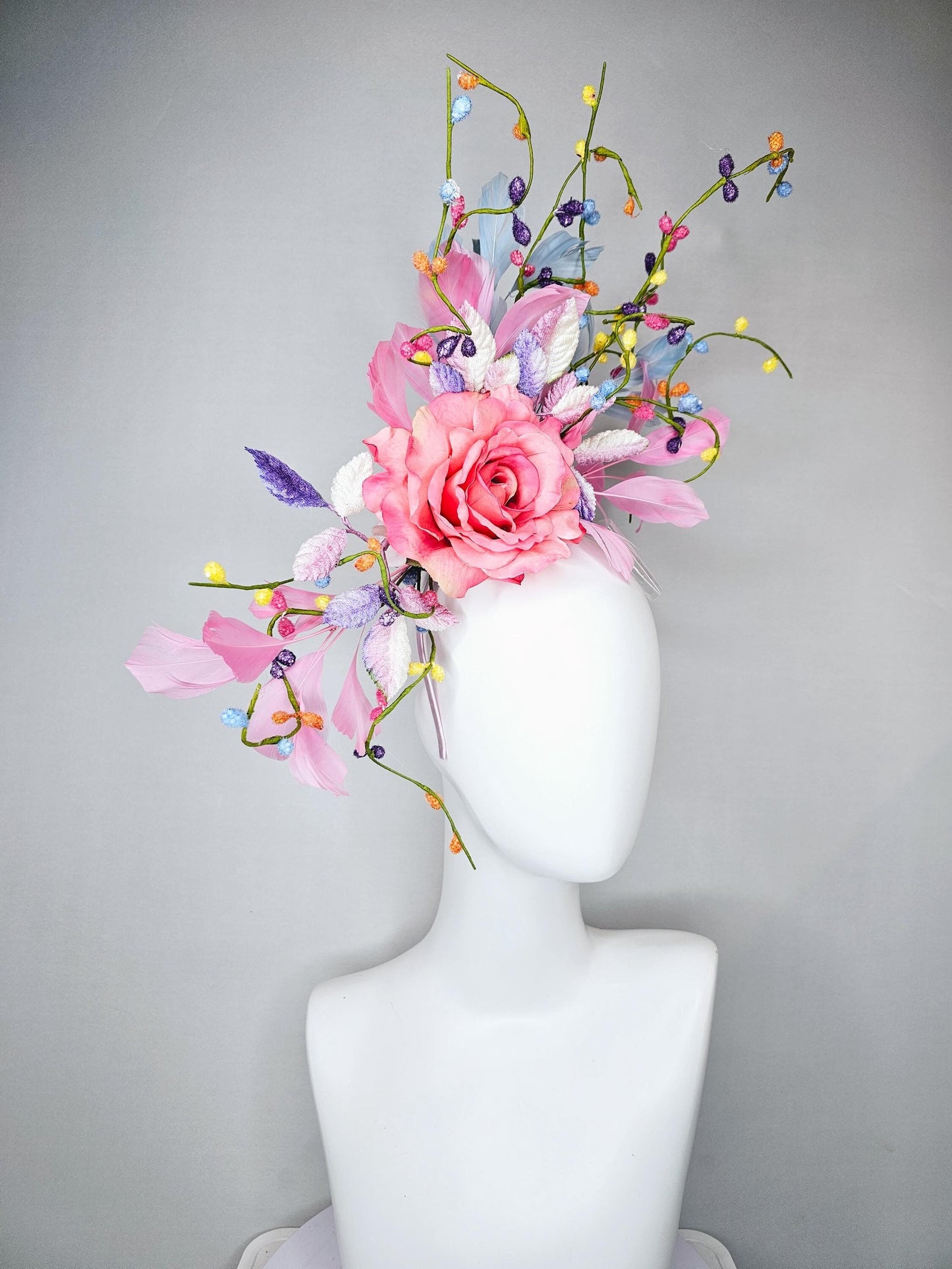 kentucky derby hat fascinator pink satin silk rose flower with leaves,light blue and light pink feathers,colorful rainbow stems