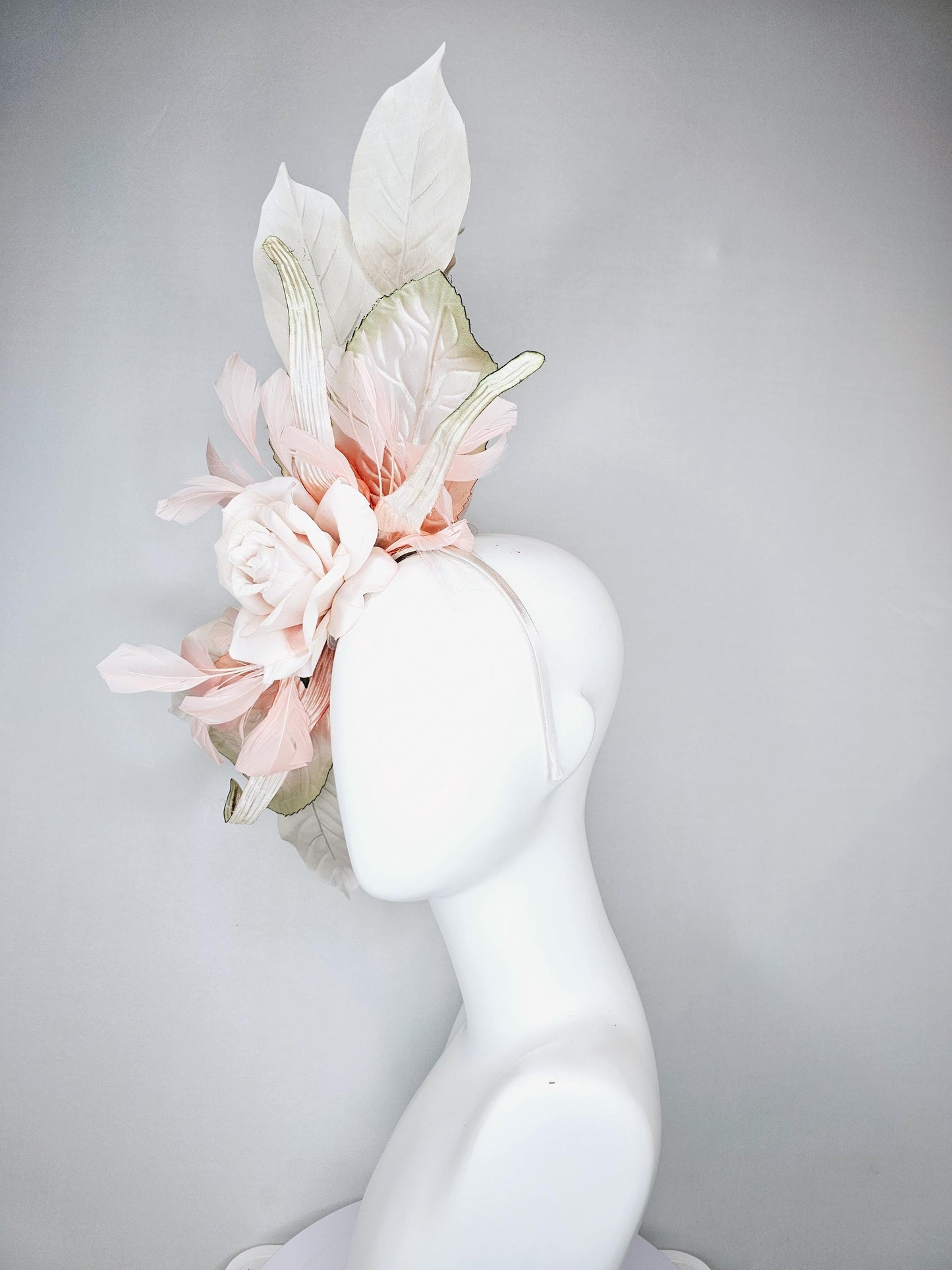 kentucky derby hat fascinator light dusty pink champagne satin silk rose flower with gold satin leaves and light pink champagne feathers