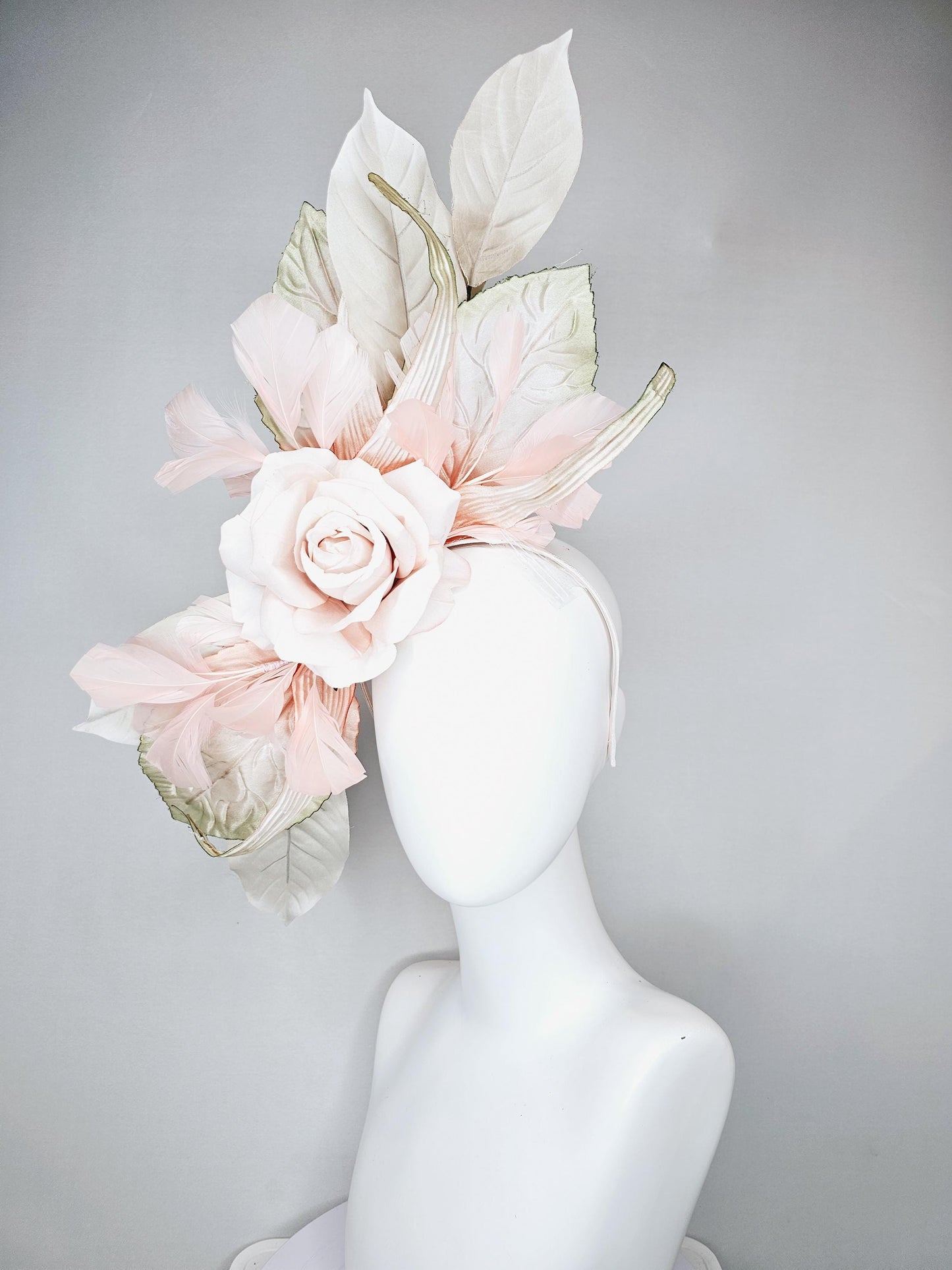 kentucky derby hat fascinator light dusty pink champagne satin silk rose flower with gold satin leaves and light pink champagne feathers