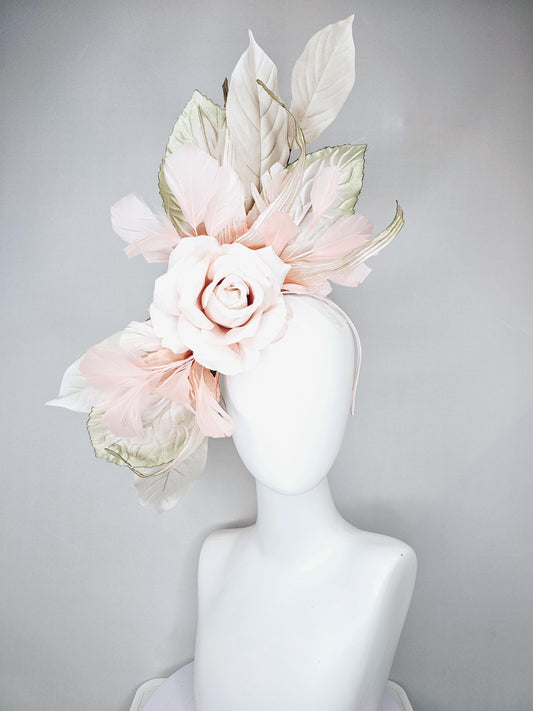 kentucky derby hat fascinator light dusty pink champagne satin silk rose flower with gold satin leaves and light pink champagne feathers