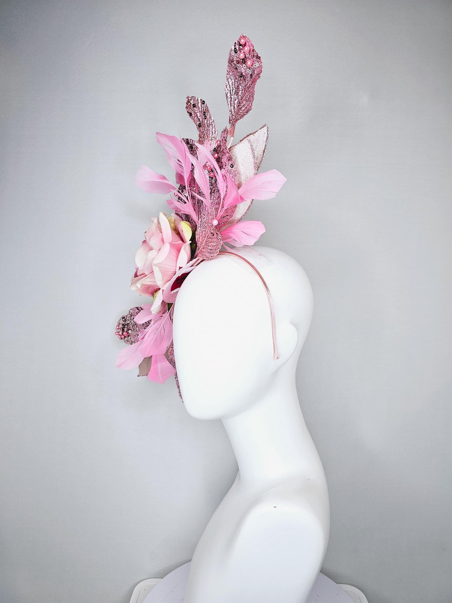 kentucky derby hat fascinator baby pink satin silk rose flower with metallic light pink sequin satin leaves and baby pink feathers