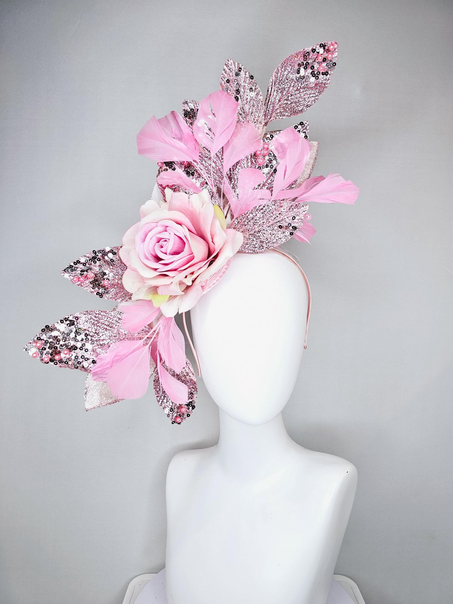 kentucky derby hat fascinator baby pink satin silk rose flower with metallic light pink sequin satin leaves and baby pink feathers