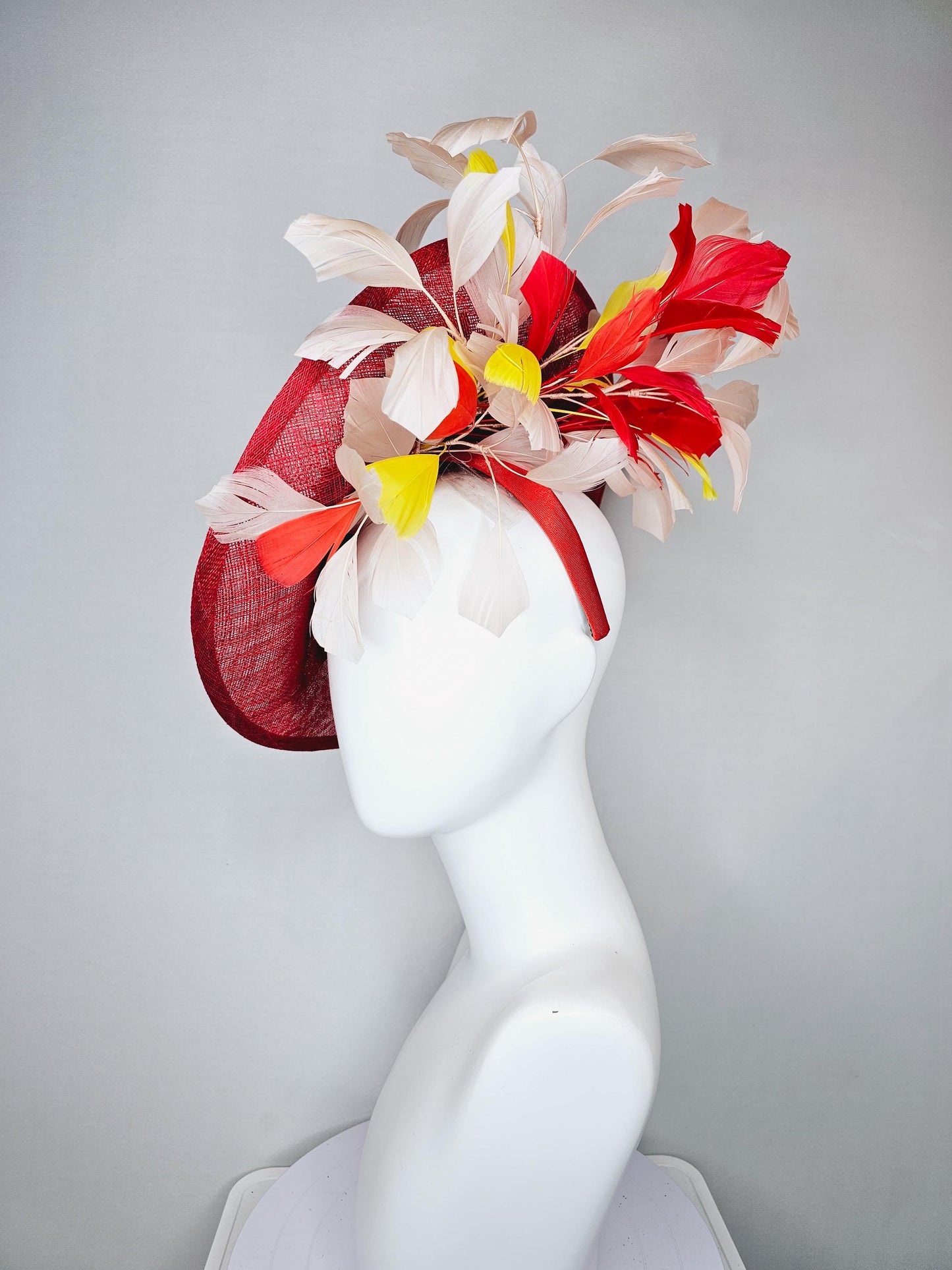 kentucky derby hat red sinamay saucer with red burgundy gold pink embroidered flowers with white ivory yeloow red feathers