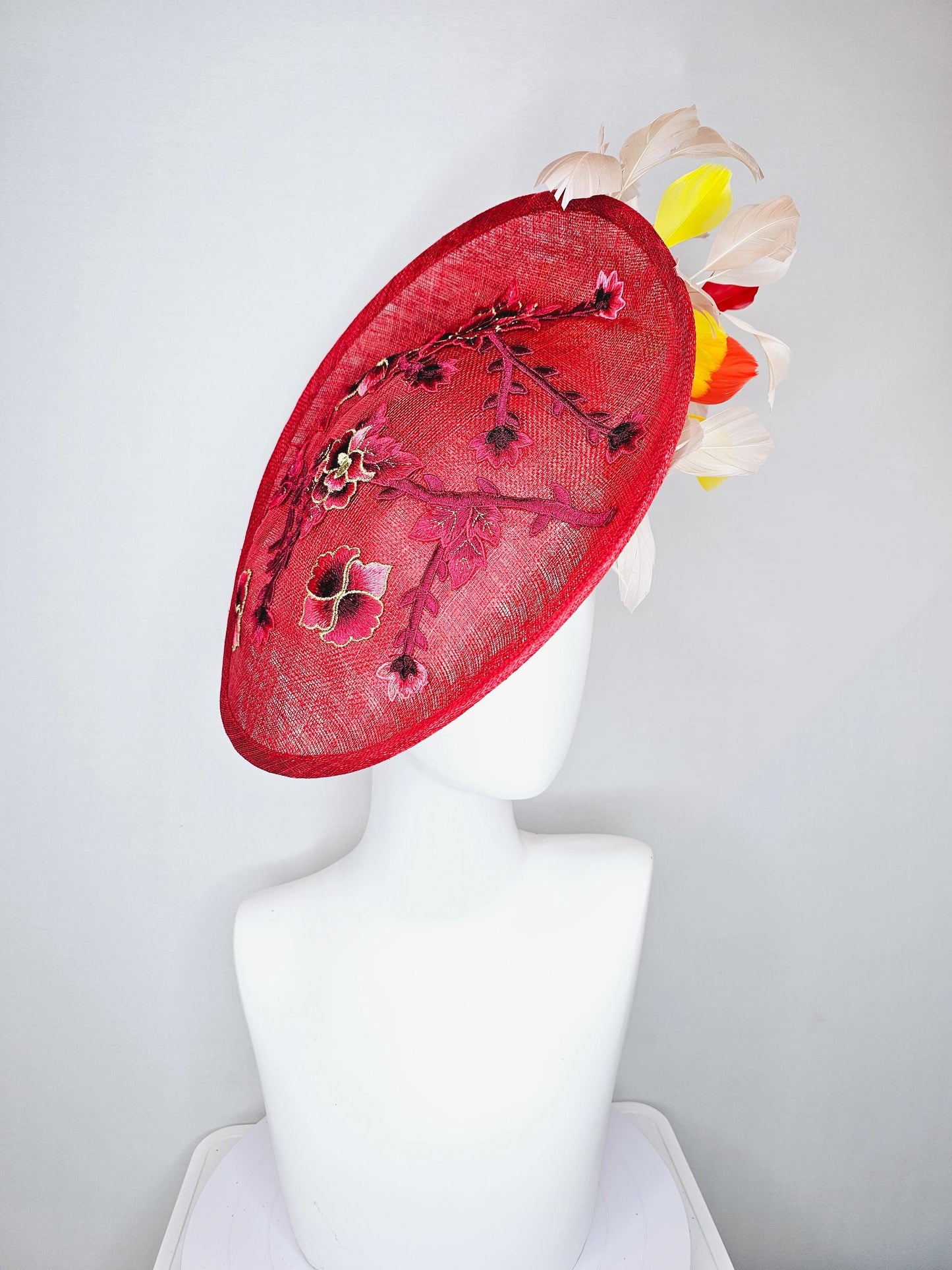 kentucky derby hat red sinamay saucer with red burgundy gold pink embroidered flowers with white ivory yeloow red feathers