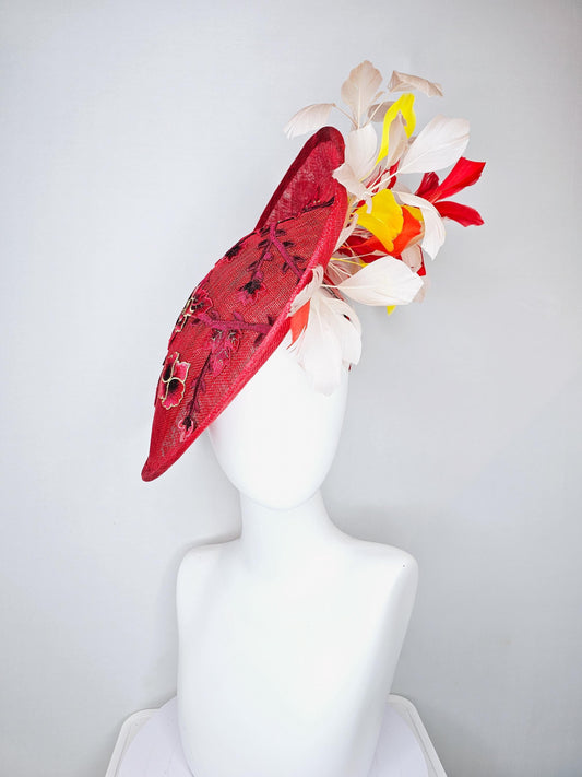 kentucky derby hat red sinamay saucer with red burgundy gold pink embroidered flowers with white ivory yeloow red feathers