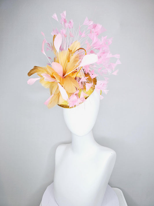 kentucky derby hat fascinator yellow gold satin with netting, yellow gold, light blush pink branching feathers