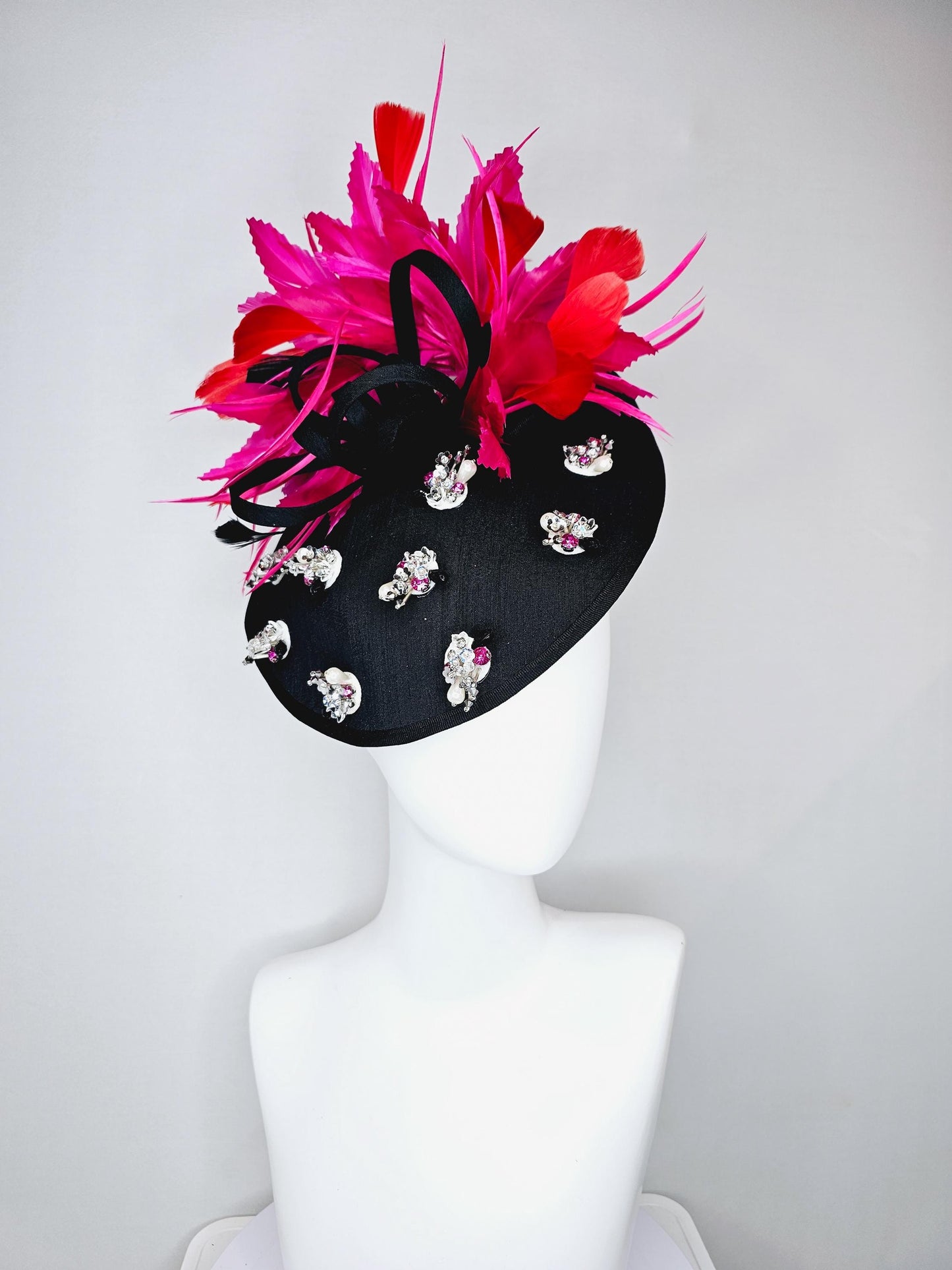 kentucky derby hat fascinator black satin saucer with pearl silver pink crystal rhinestone beaded, hot pink fuchsia red branching feathers