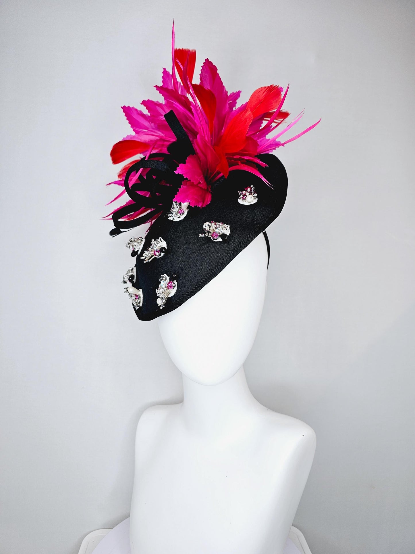 kentucky derby hat fascinator black satin saucer with pearl silver pink crystal rhinestone beaded, hot pink fuchsia red branching feathers