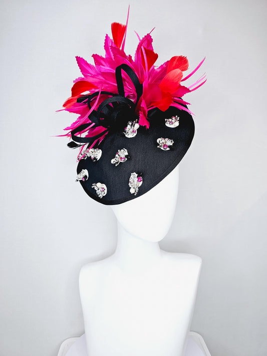 kentucky derby hat fascinator black satin saucer with pearl silver pink crystal rhinestone beaded, hot pink fuchsia red branching feathers