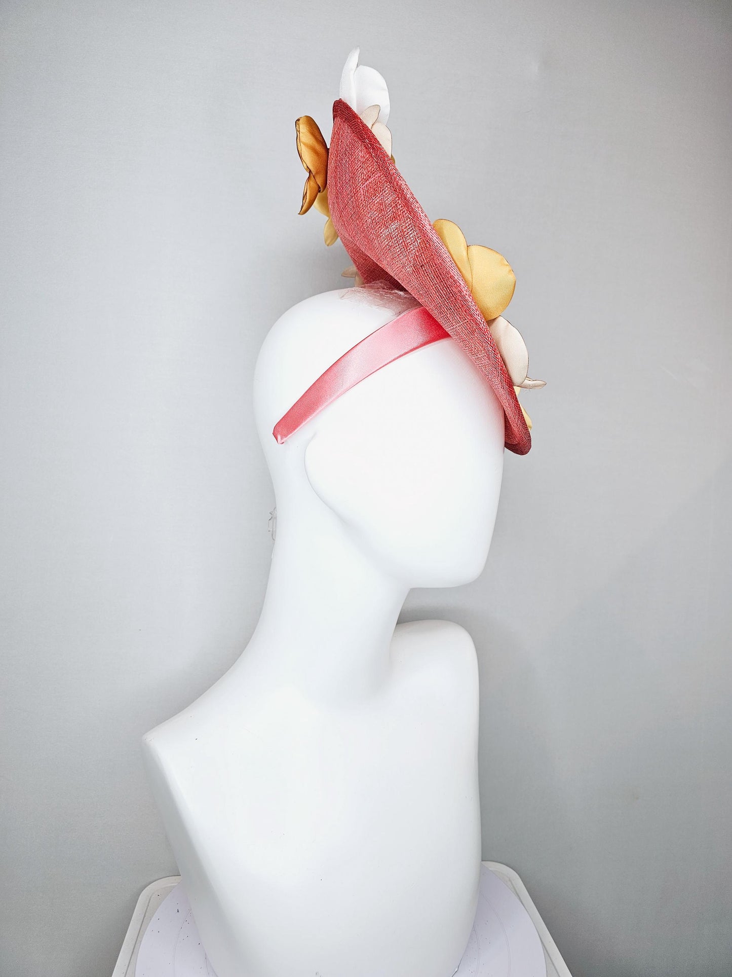 kentucky derby hat fascinator coral orange sinamay saucer with gold champagne white ivory embroidered flowers