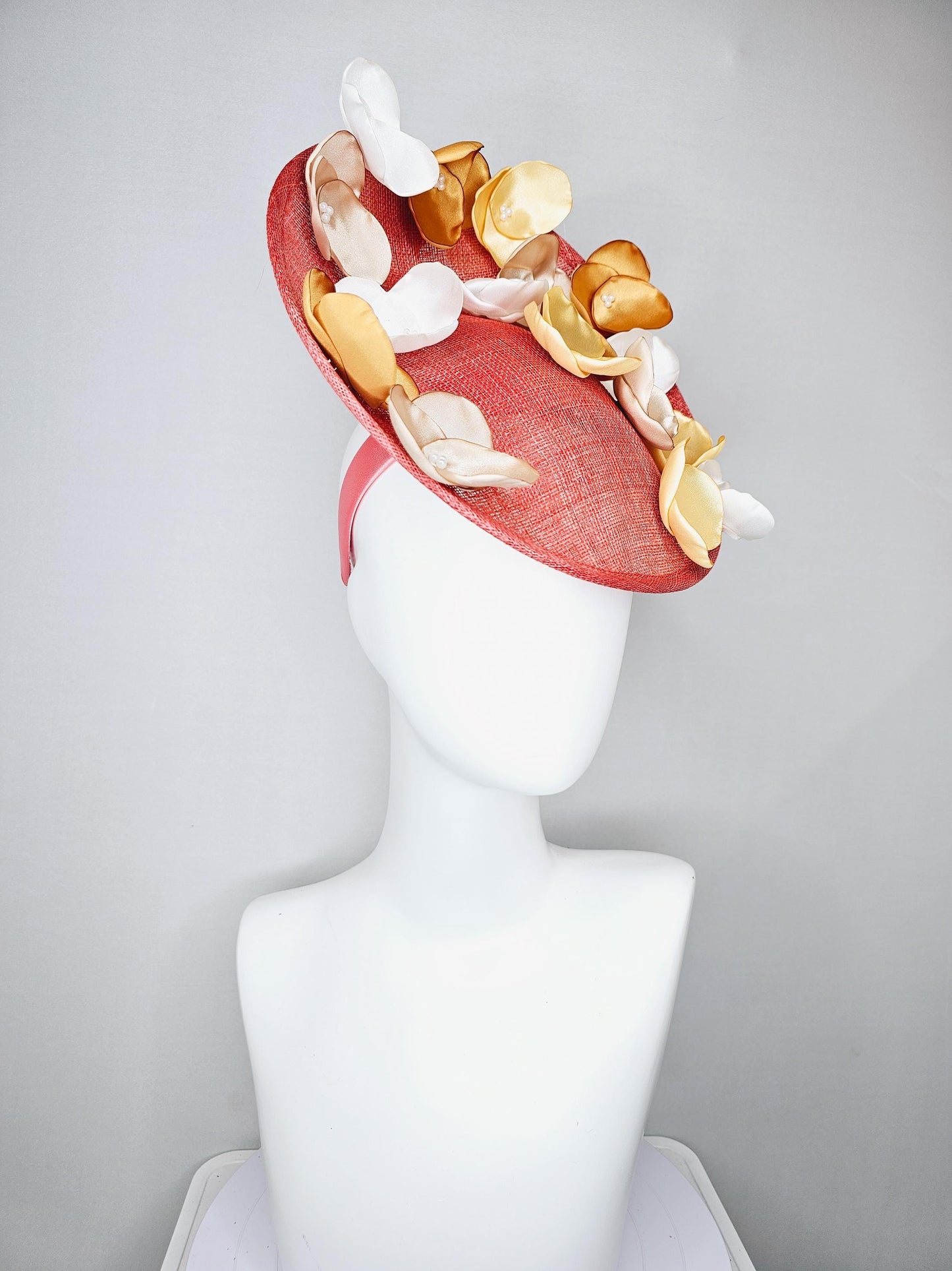 kentucky derby hat fascinator coral orange sinamay saucer with gold champagne white ivory embroidered flowers