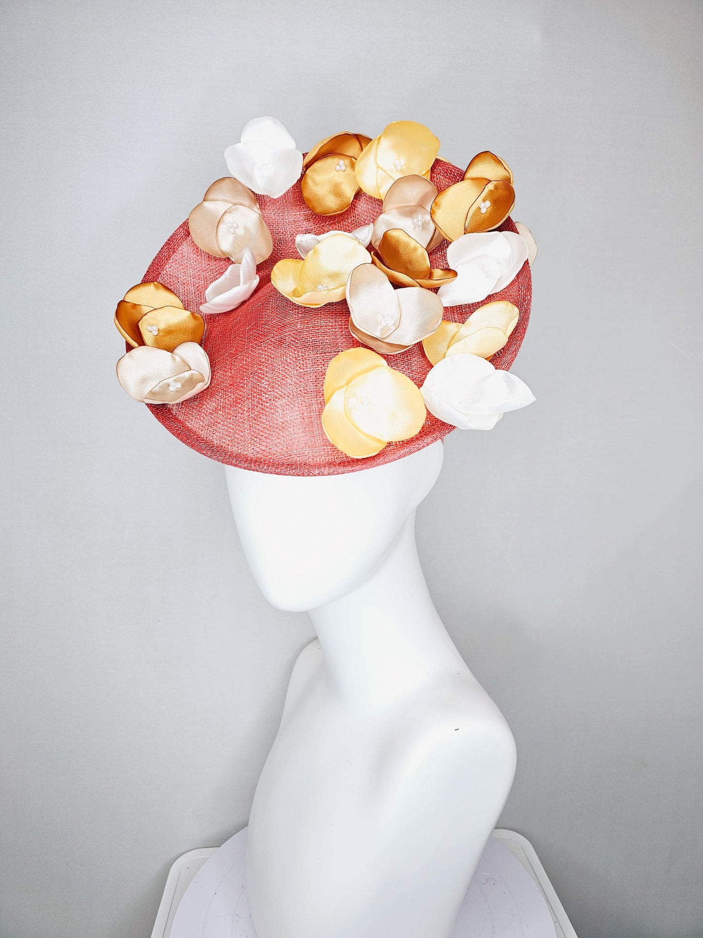 kentucky derby hat fascinator coral orange sinamay saucer with gold champagne white ivory embroidered flowers