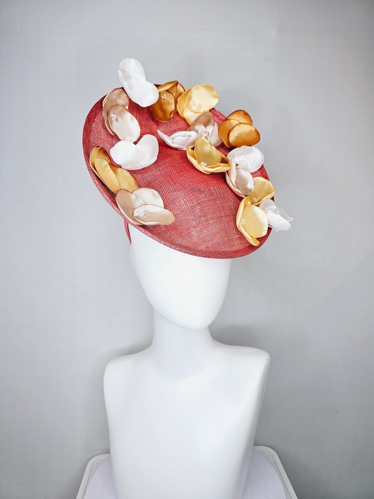 kentucky derby hat fascinator coral orange sinamay saucer with gold champagne white ivory embroidered flowers