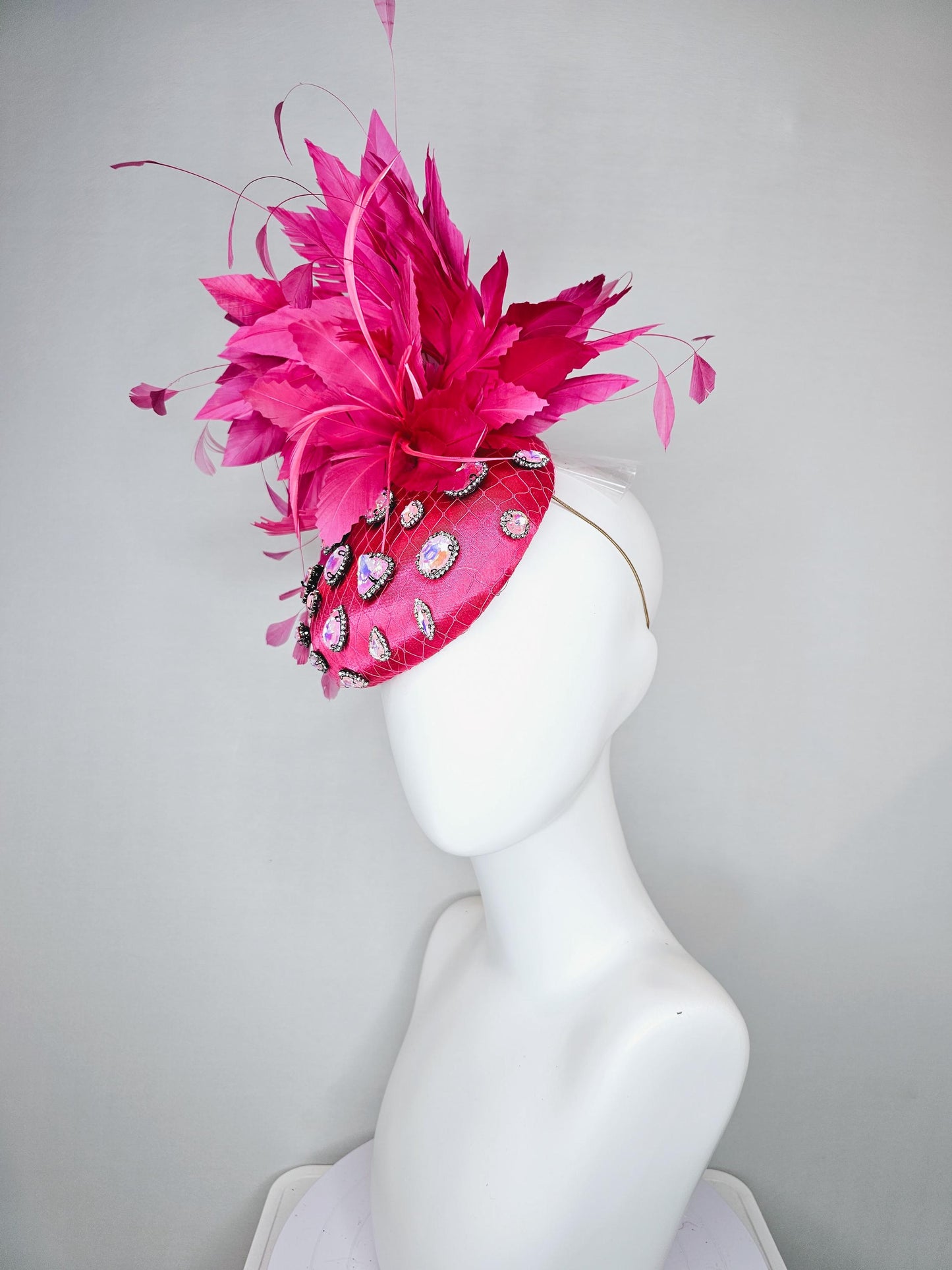 kentucky derby hat fascinator bright pink fuchsia satin with netting, iridescent crystal rhinestone beaded, bright pink fuchsia feathers