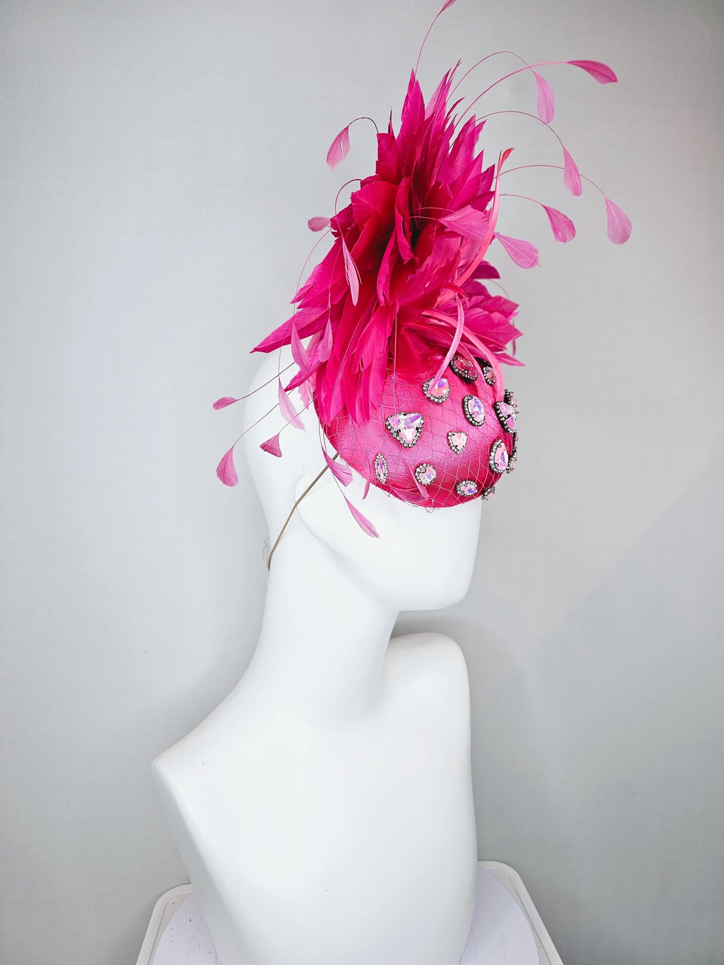 kentucky derby hat fascinator bright pink fuchsia satin with netting, iridescent crystal rhinestone beaded, bright pink fuchsia feathers