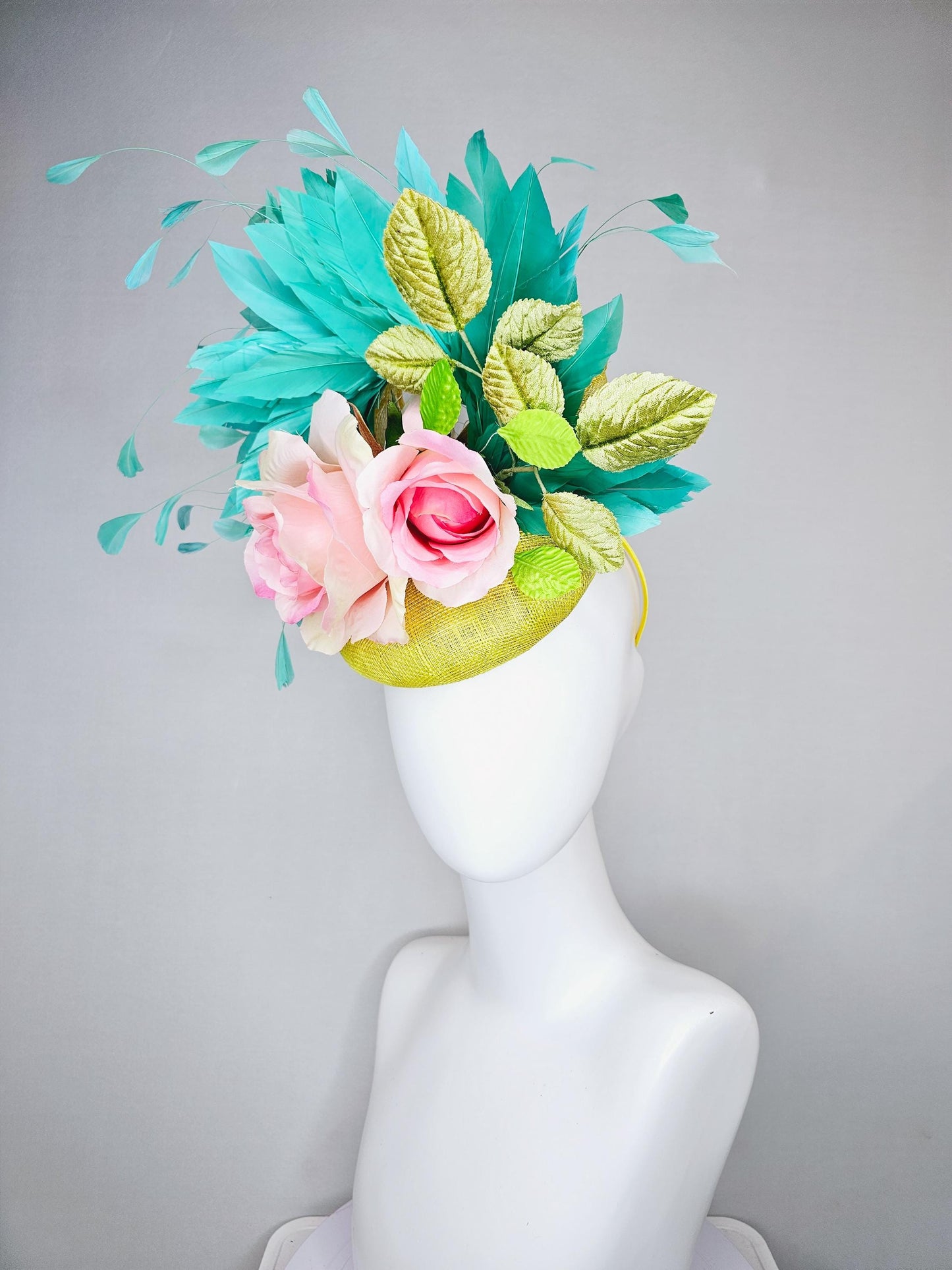 kentucky derby hat fascinator yellow sinamay with yellow sinamay curls,light pink satin silk rose flowers with leaves and aqua blue feathers