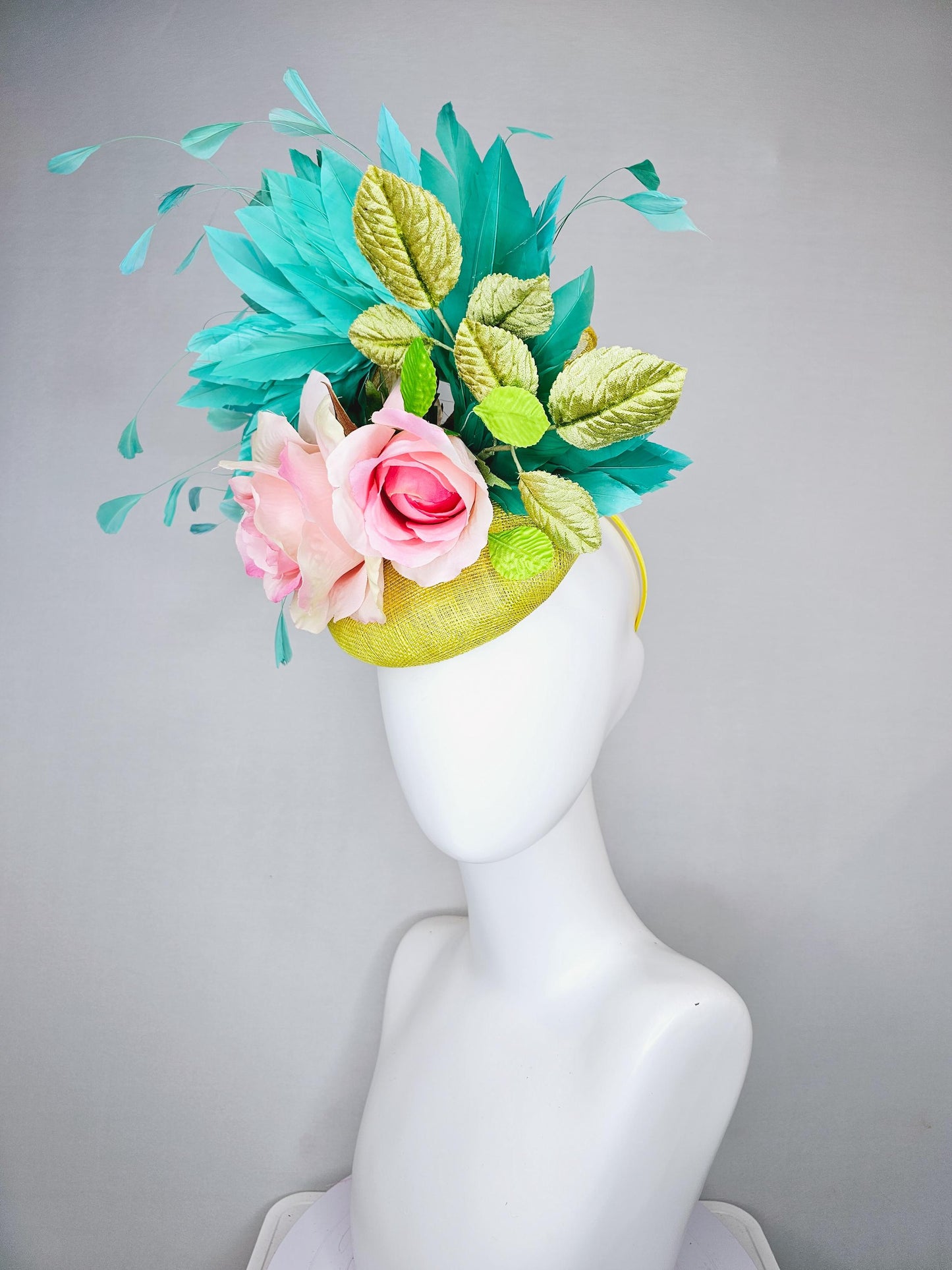 kentucky derby hat fascinator yellow sinamay with yellow sinamay curls,light pink satin silk rose flowers with leaves and aqua blue feathers