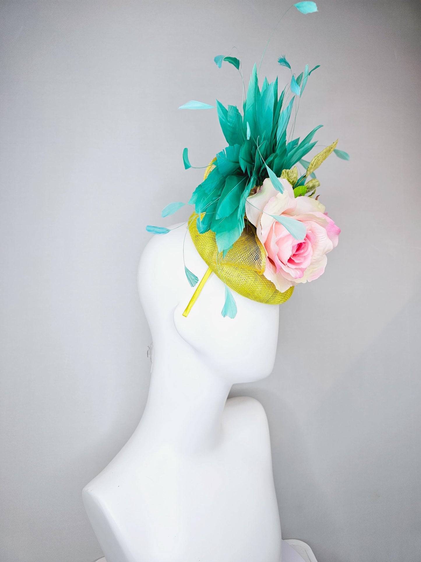 kentucky derby hat fascinator yellow sinamay with yellow sinamay curls,light pink satin silk rose flowers with leaves and aqua blue feathers