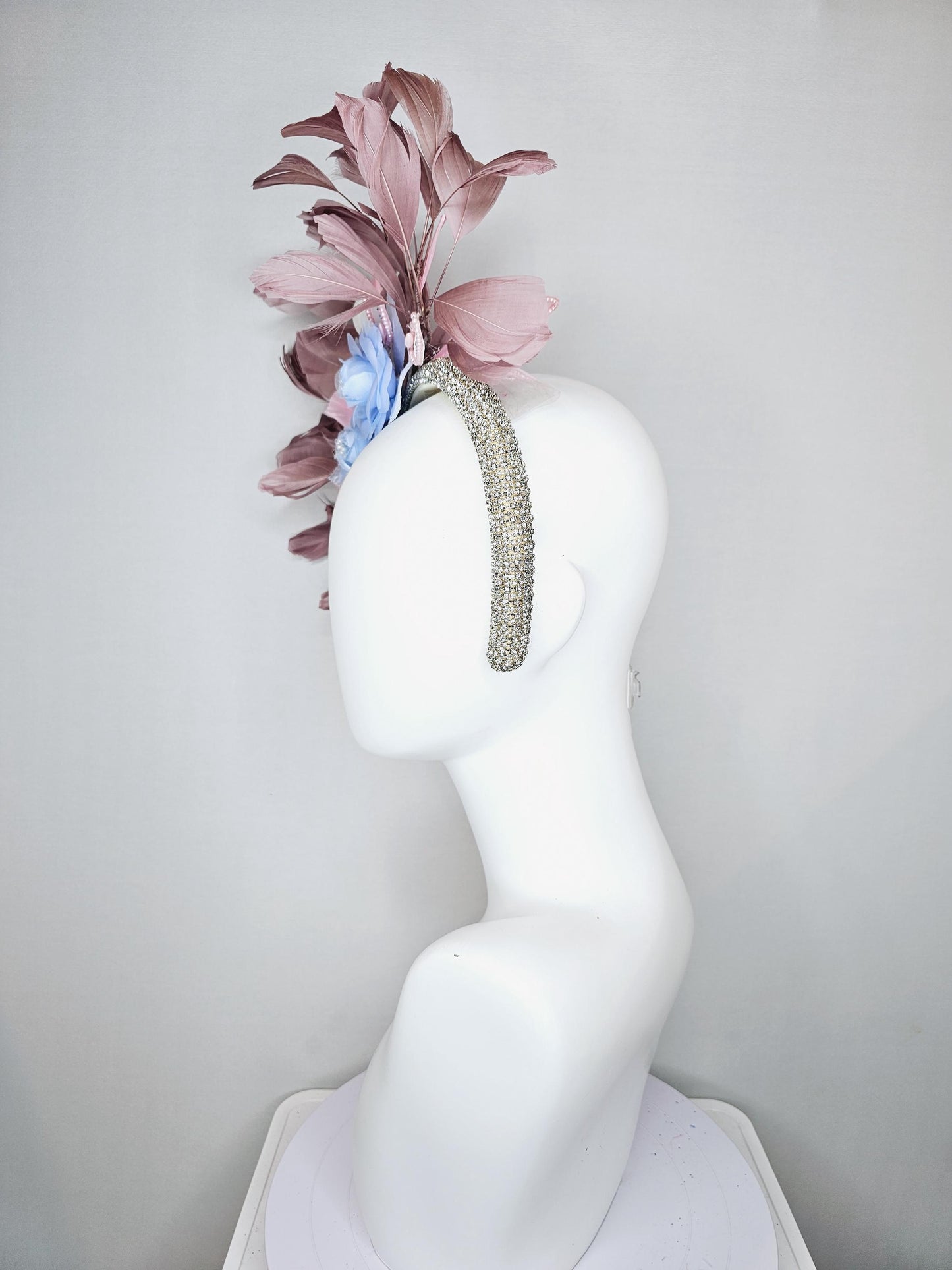 kentucky derby hat fascinator light sky baby blue satin flowers with leaves, dusty pink taupe branching feathers,crystal rhinestone headband