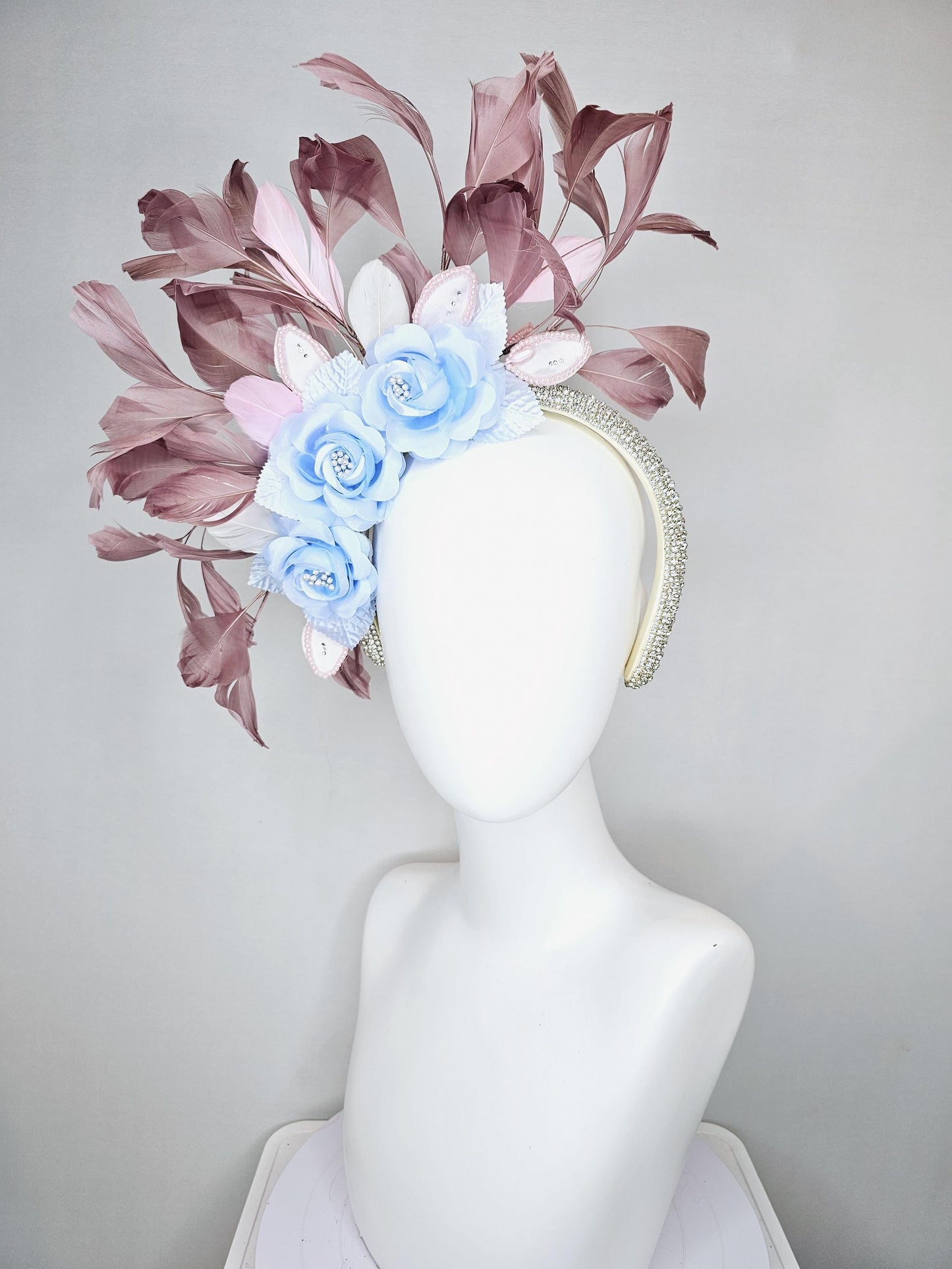 kentucky derby hat fascinator light sky baby blue satin flowers with leaves, dusty pink taupe branching feathers,crystal rhinestone headband