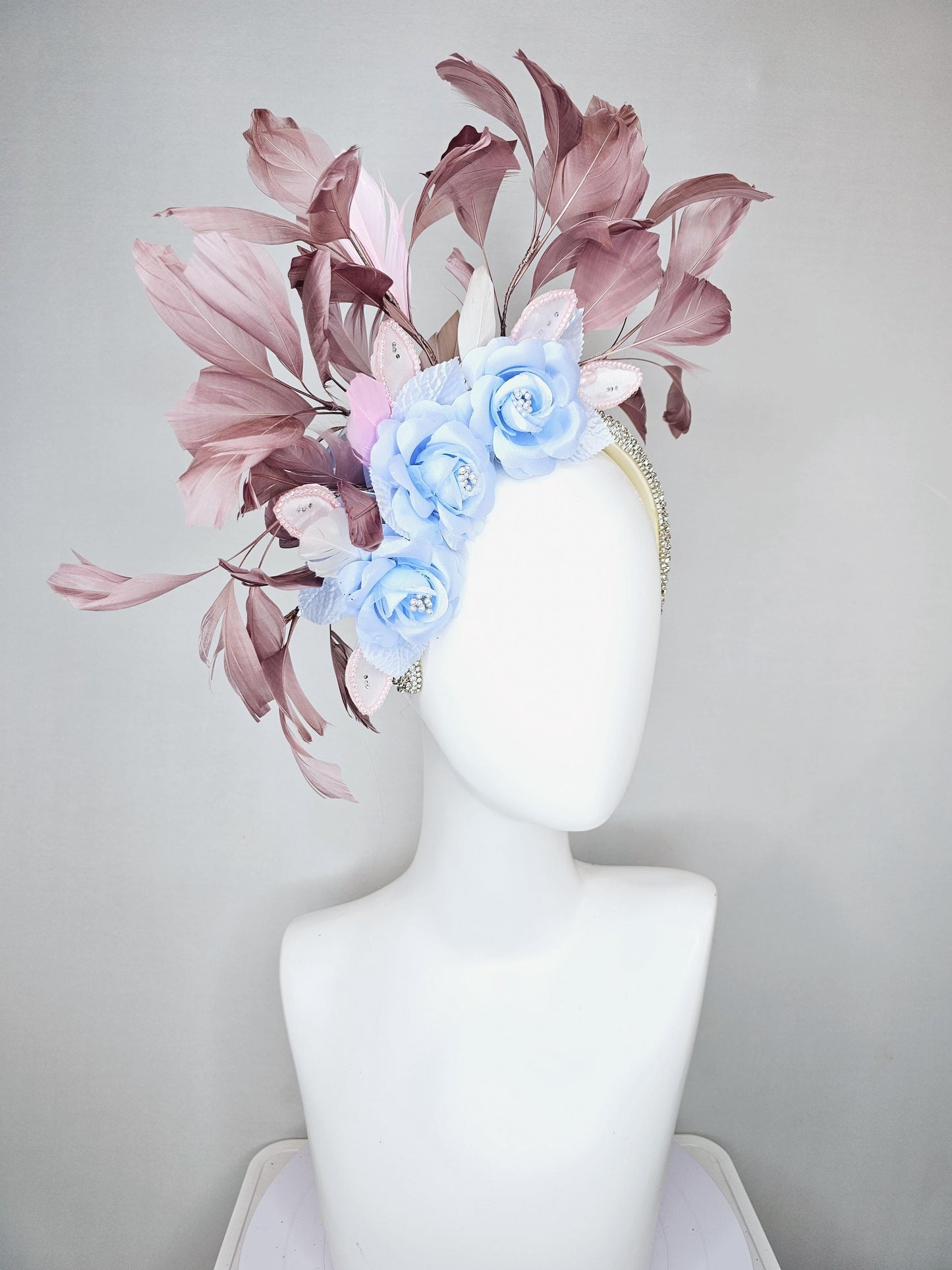 kentucky derby hat fascinator light sky baby blue satin flowers with leaves, dusty pink taupe branching feathers,crystal rhinestone headband