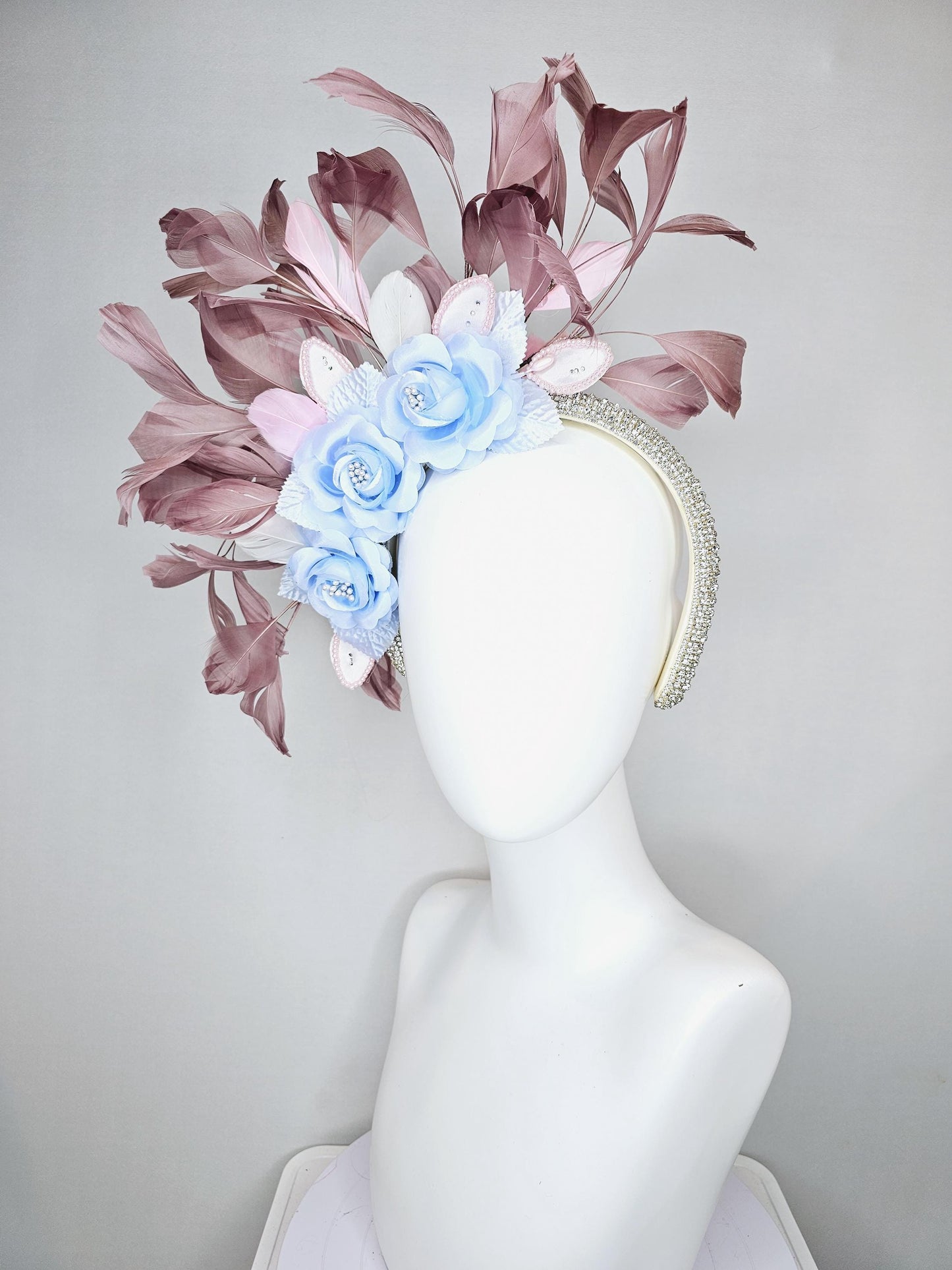 kentucky derby hat fascinator light sky baby blue satin flowers with leaves, dusty pink taupe branching feathers,crystal rhinestone headband