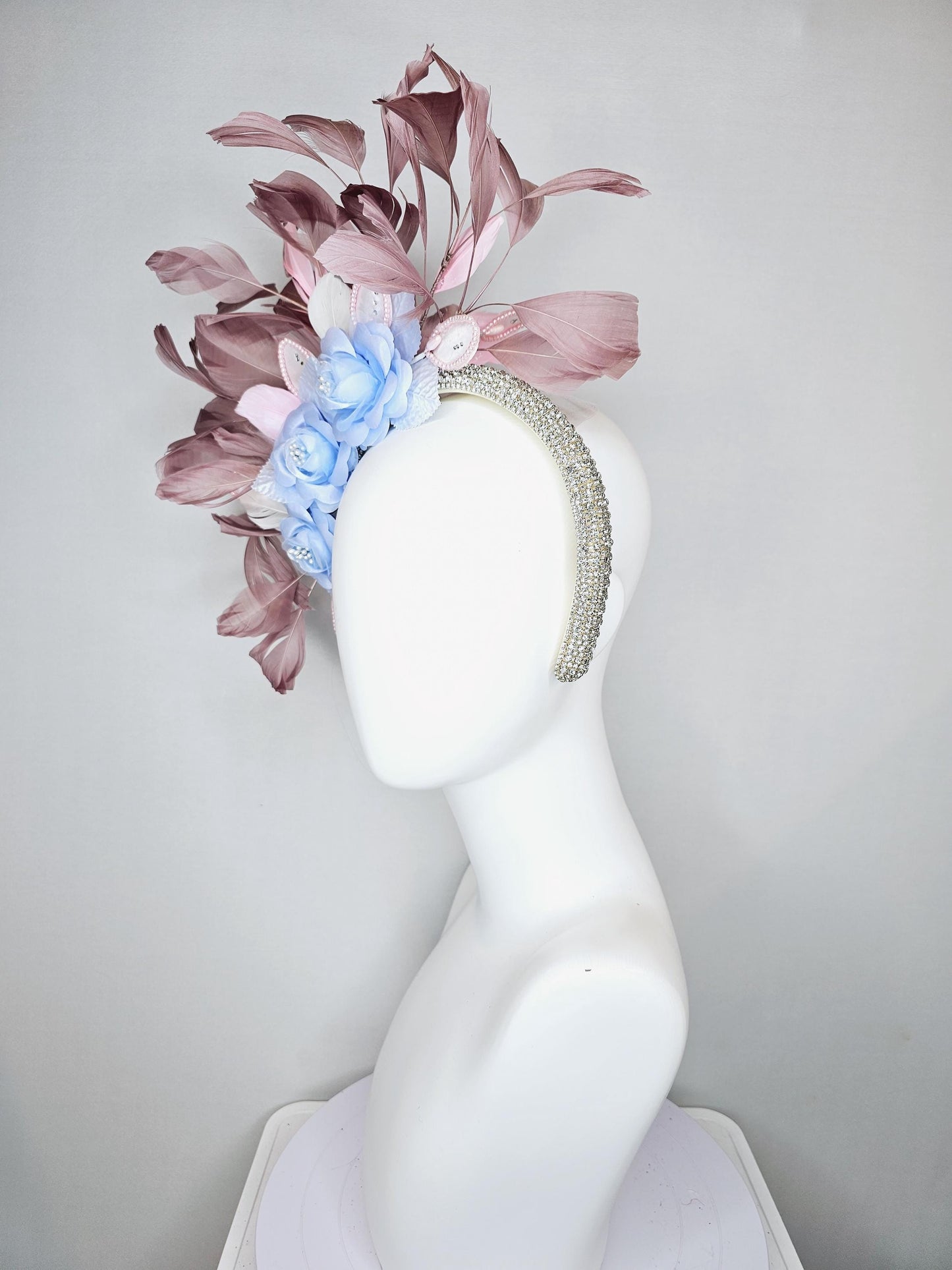 kentucky derby hat fascinator light sky baby blue satin flowers with leaves, dusty pink taupe branching feathers,crystal rhinestone headband