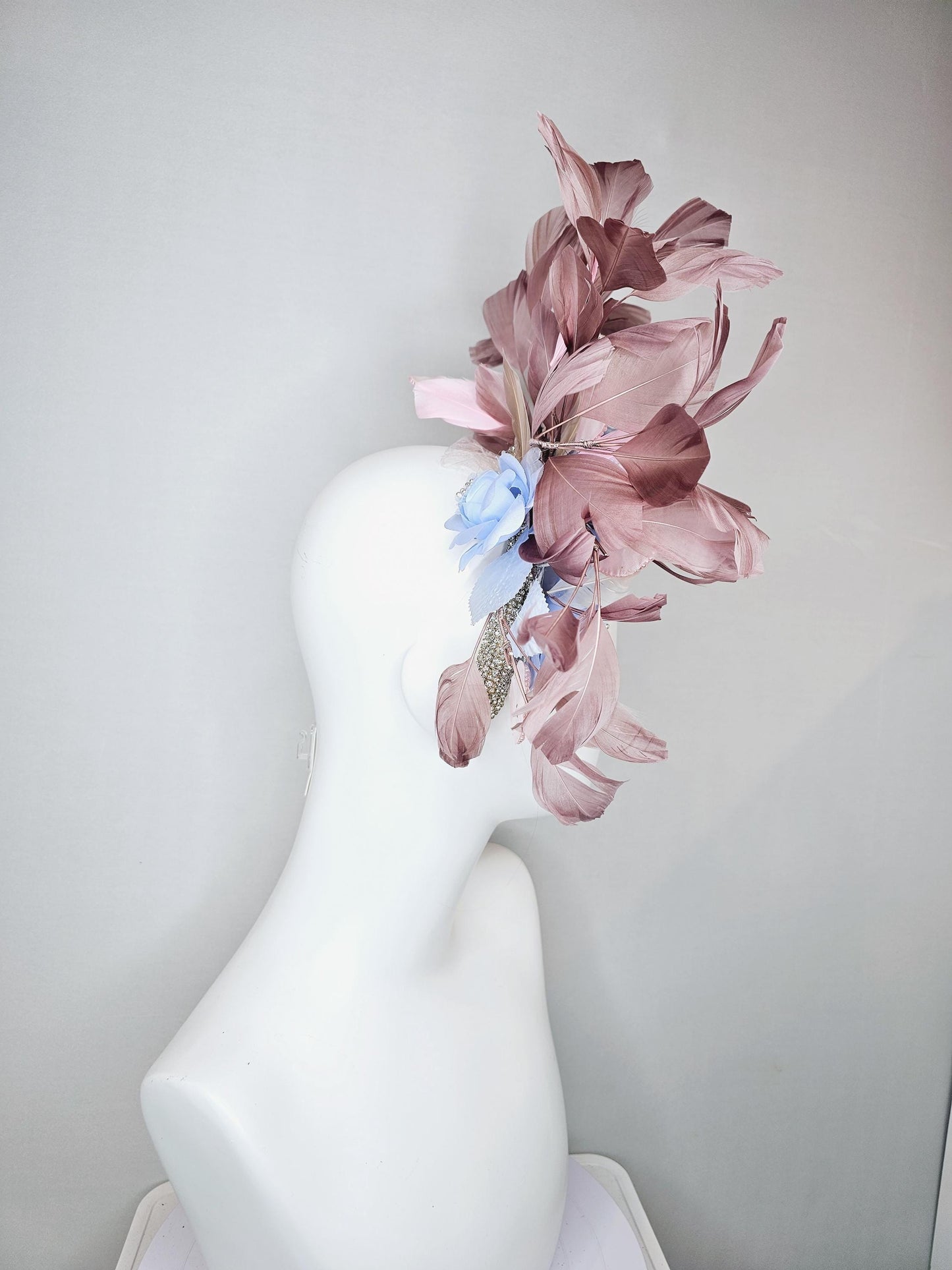 kentucky derby hat fascinator light sky baby blue satin flowers with leaves, dusty pink taupe branching feathers,crystal rhinestone headband