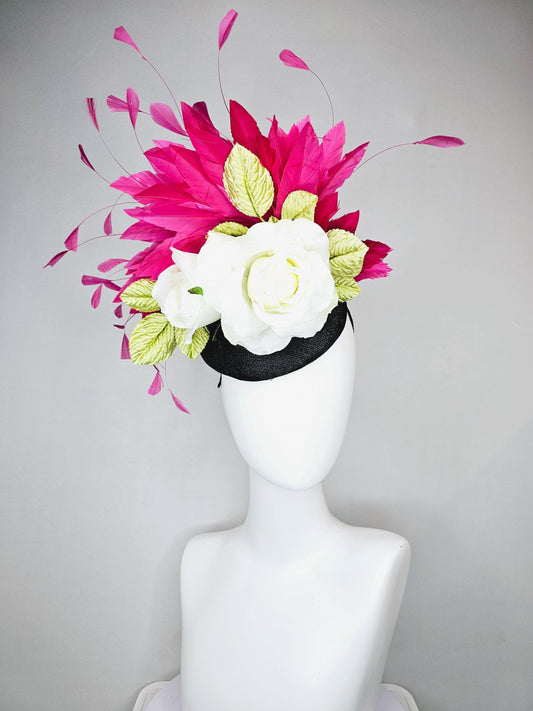 kentucky derby hat fascinator black sinamay with white ivory silk rose flowers and gold leaves, bright pink fuchsia branching feathers