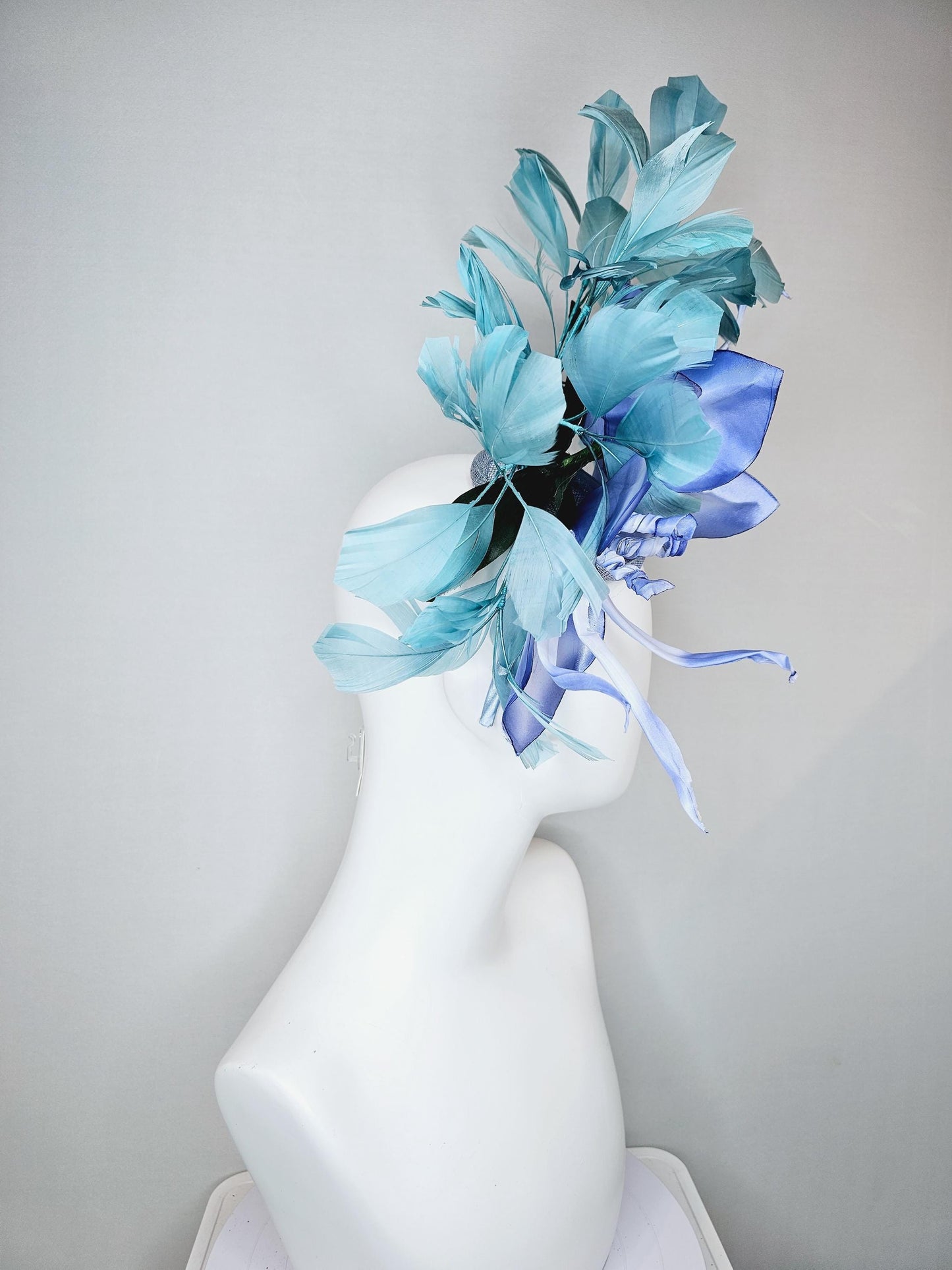 kentucky derby hat fascinator light blue sinamay with ombre blue satin silk flower and teal blue feathers