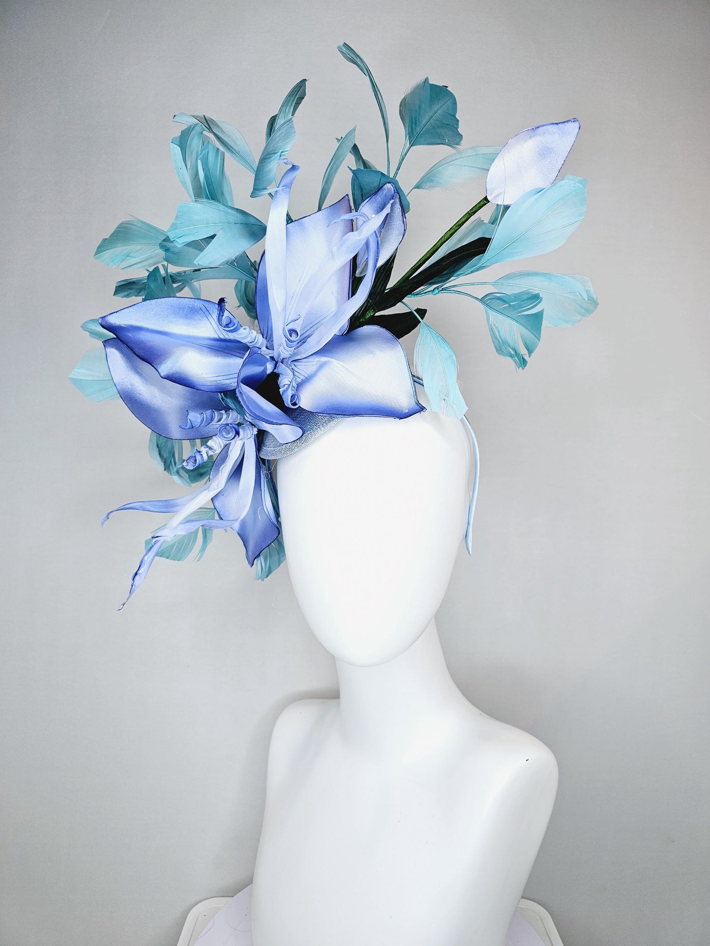 kentucky derby hat fascinator light blue sinamay with ombre blue satin silk flower and teal blue feathers